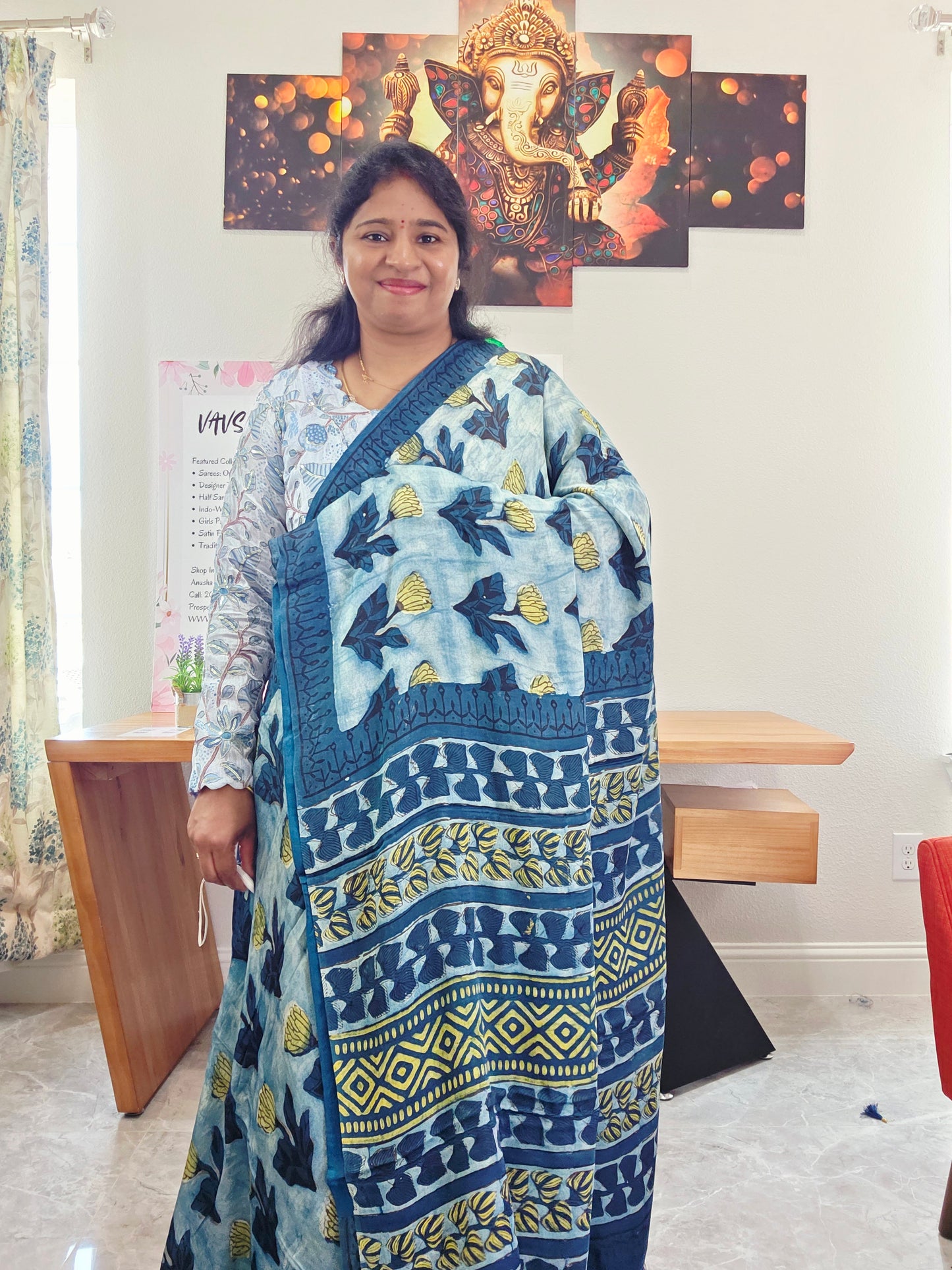 Azure Indigo Serenity Ajrakh Print Soft Satin Modal Saree with Blouse Piece