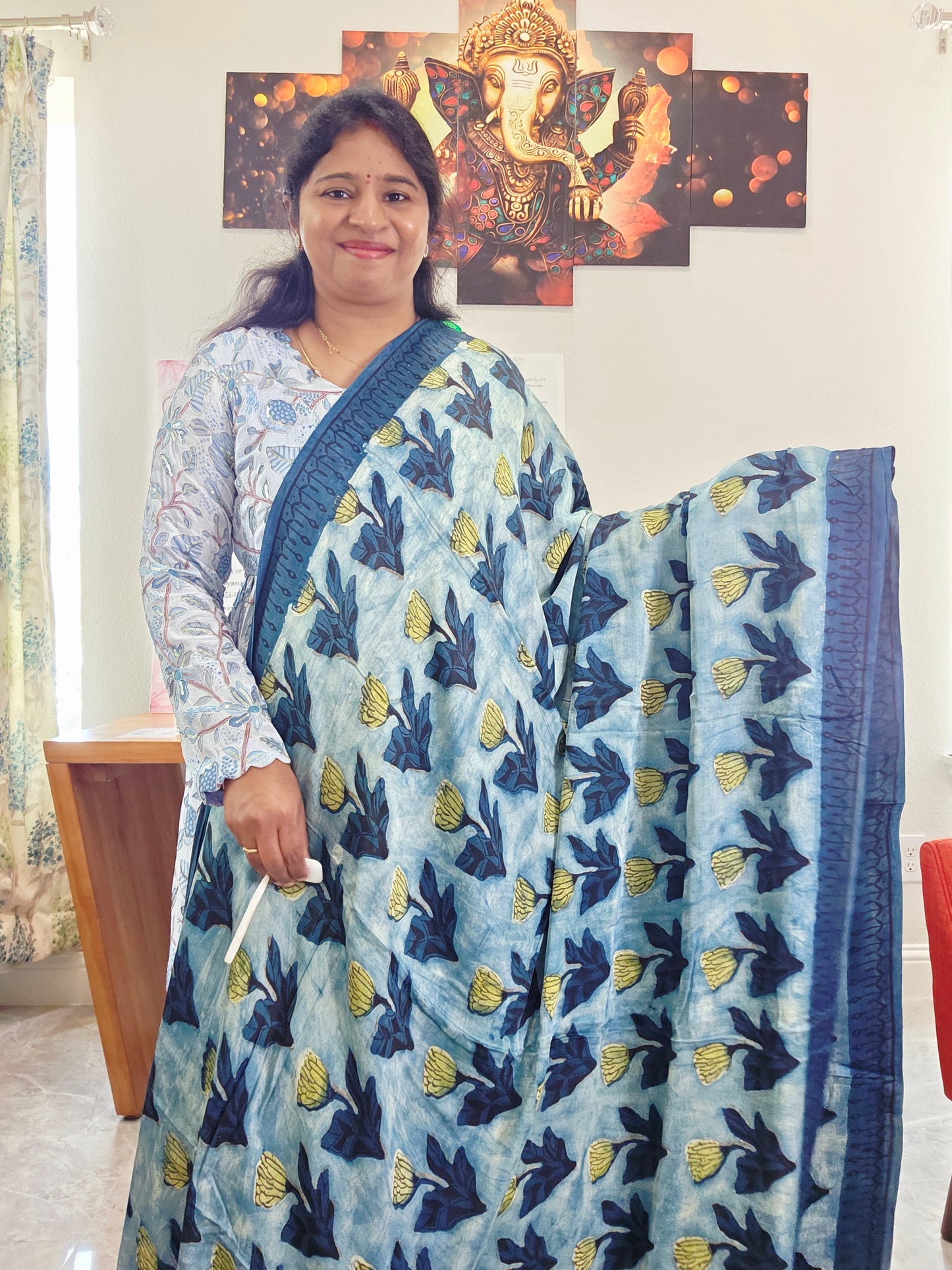 Azure Indigo Serenity Ajrakh Print Soft Satin Modal Saree with Blouse Piece
