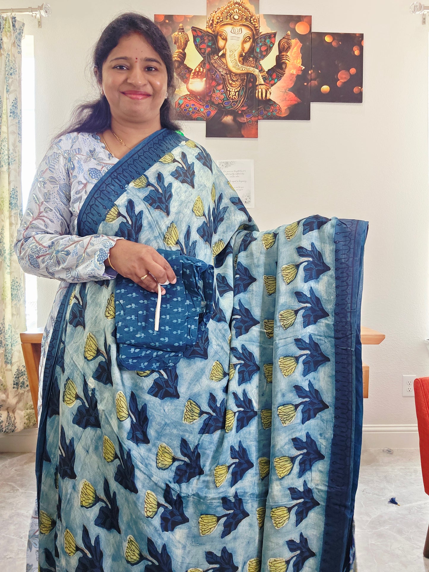 Azure Indigo Serenity Ajrakh Print Soft Satin Modal Saree with Blouse Piece