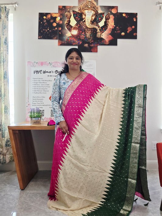 Shaded Chinon Chiffon Checkered Saree with Zari Border | Lightweight Party Wear | Blouse Piece Included