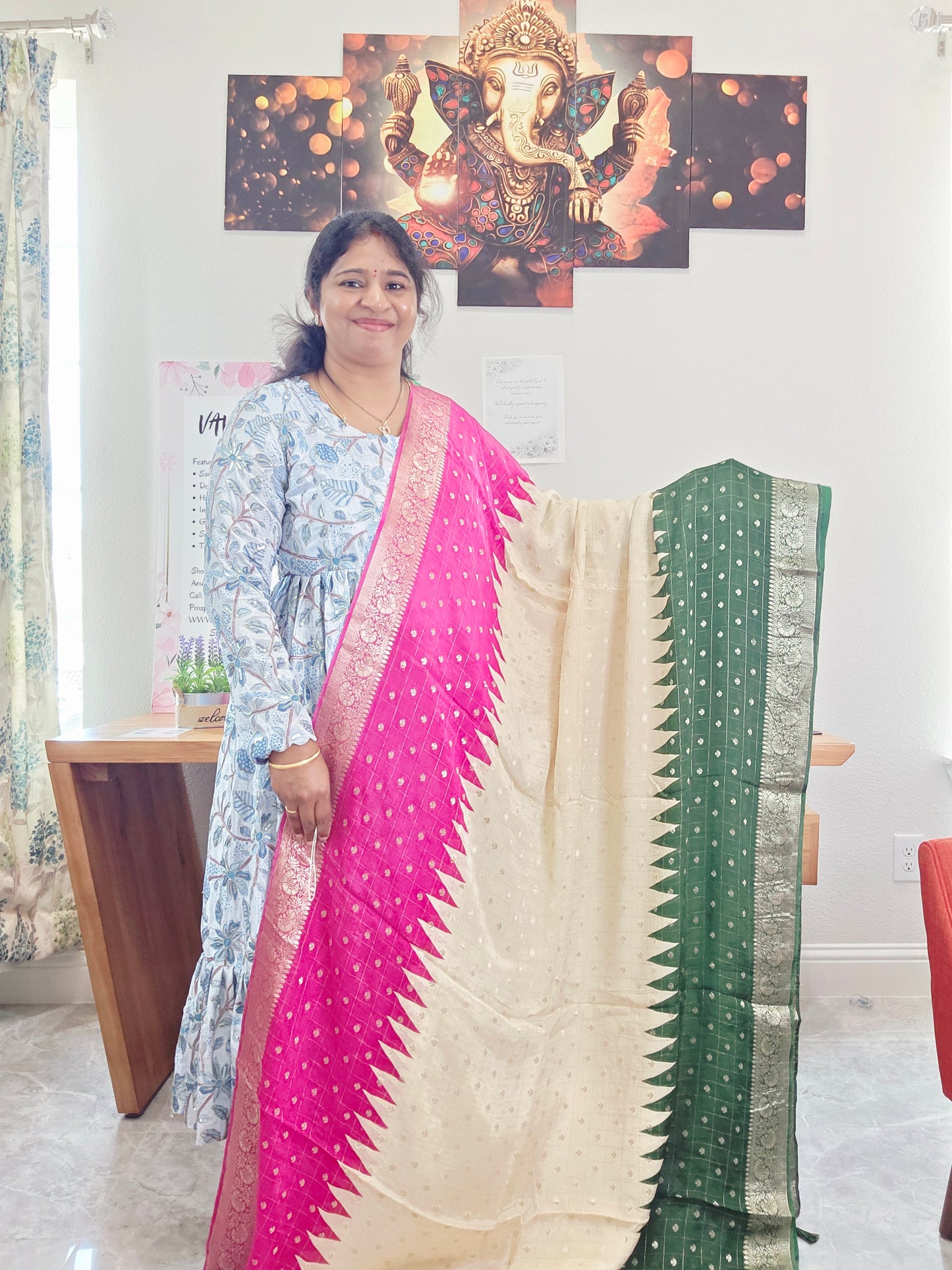 Shaded Chinon Chiffon Checkered Saree with Zari Border | Lightweight Party Wear | Blouse Piece Included