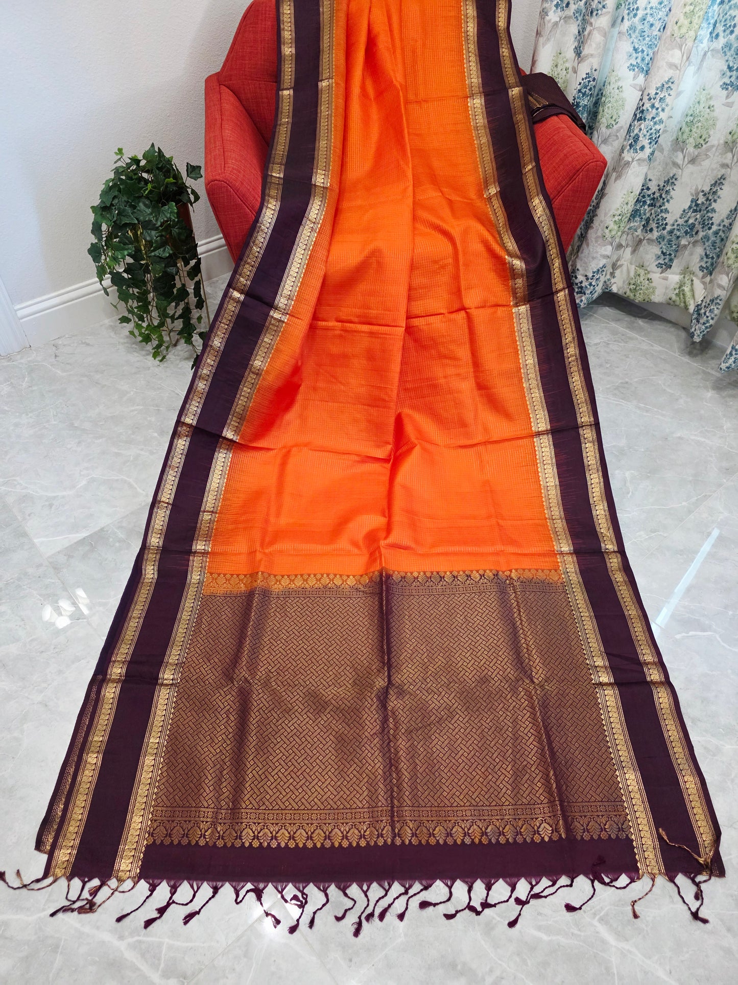 Sunset Orange Pure Kanchi Soft Silk Saree with Wine Plum Gap Border & Blouse Piece