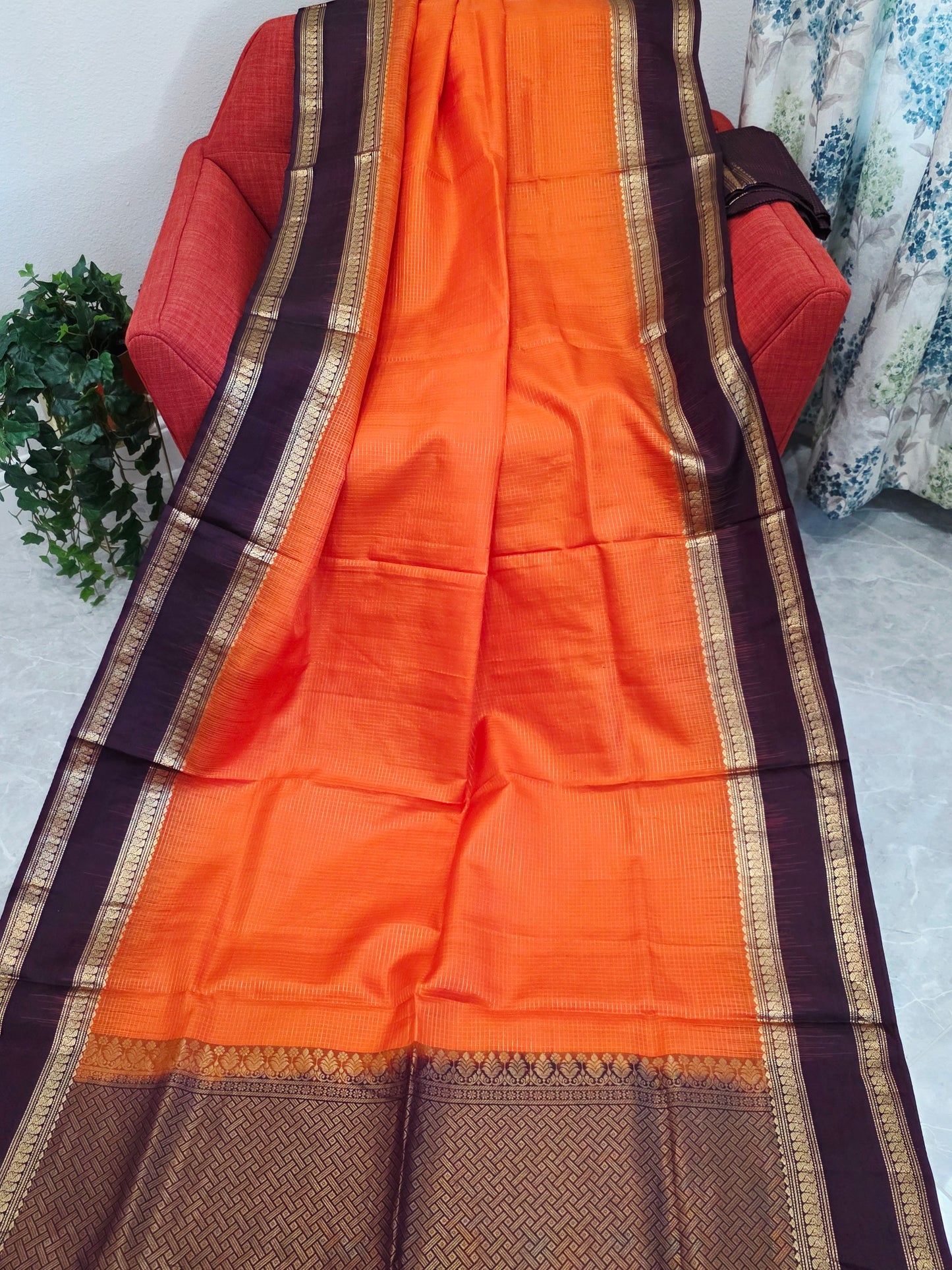 Sunset Orange Pure Kanchi Soft Silk Saree with Wine Plum Gap Border & Blouse Piece