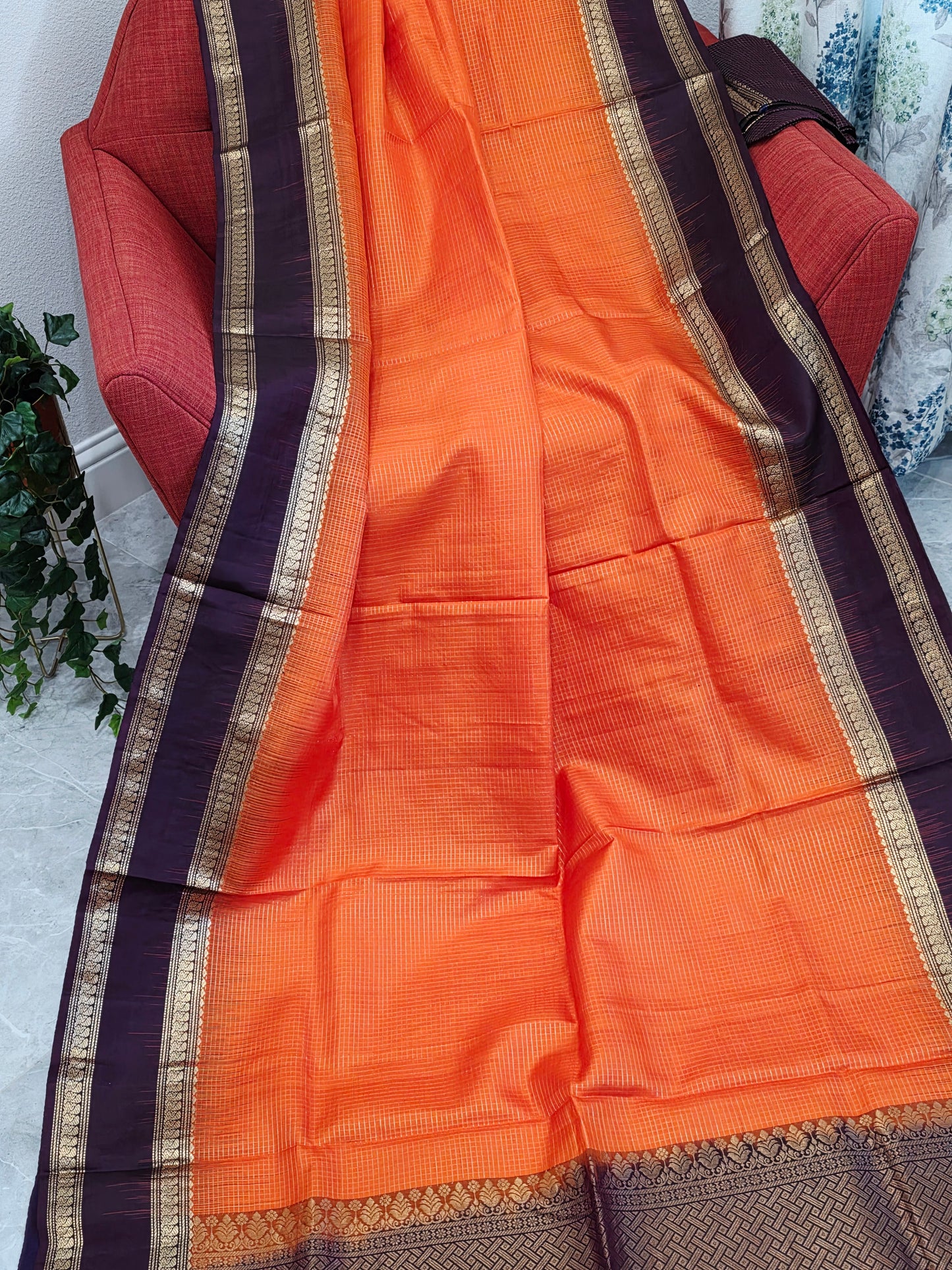 Sunset Orange Pure Kanchi Soft Silk Saree with Wine Plum Gap Border & Blouse Piece