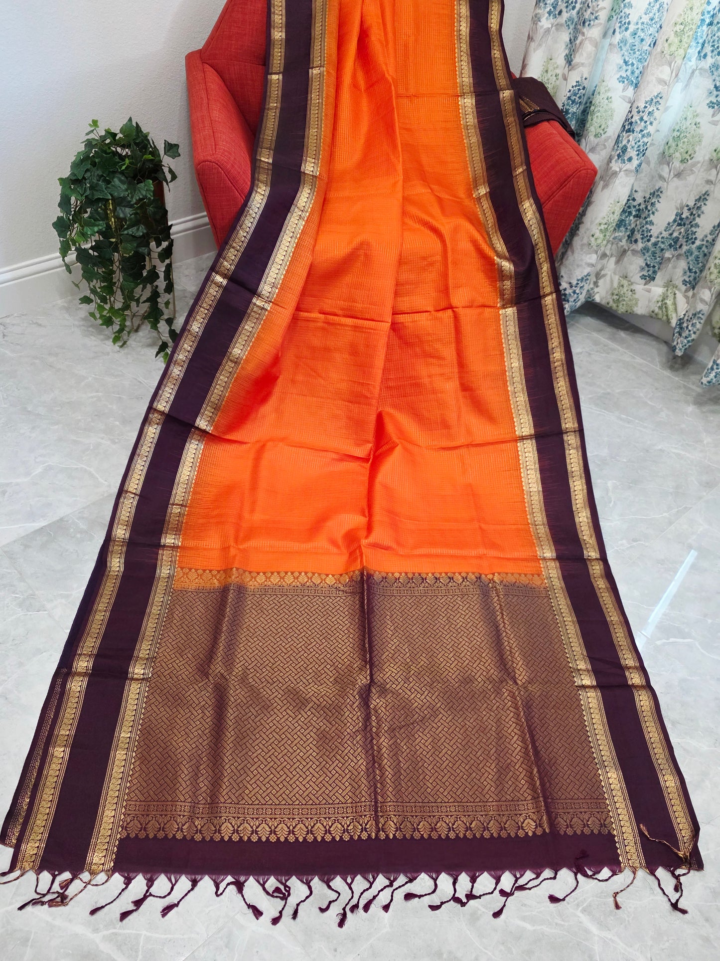 Sunset Orange Pure Kanchi Soft Silk Saree with Wine Plum Gap Border & Blouse Piece