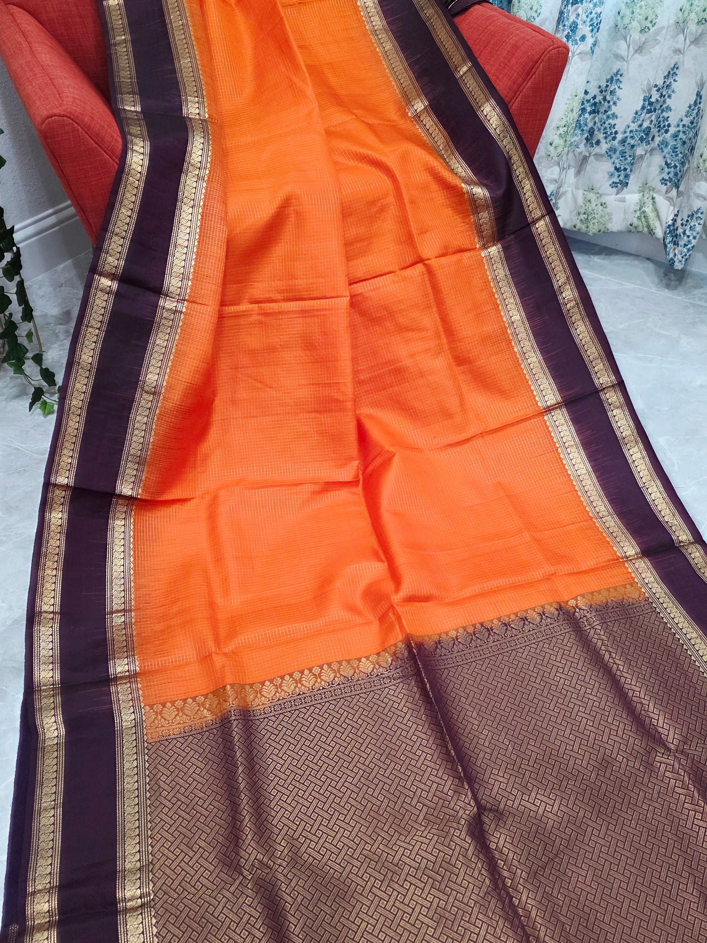 Sunset Orange Pure Kanchi Soft Silk Saree with Wine Plum Gap Border & Blouse Piece
