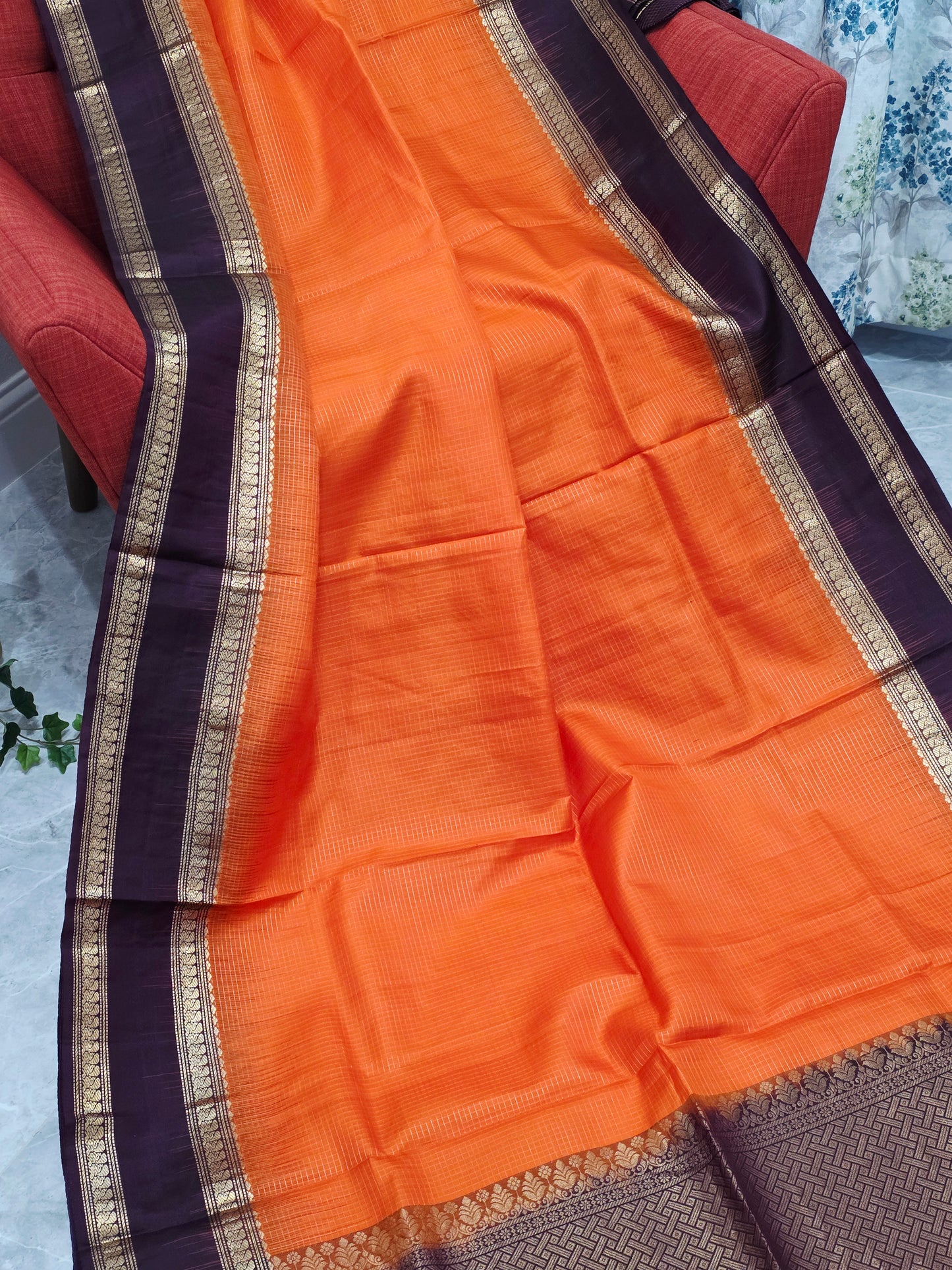 Sunset Orange Pure Kanchi Soft Silk Saree with Wine Plum Gap Border & Blouse Piece