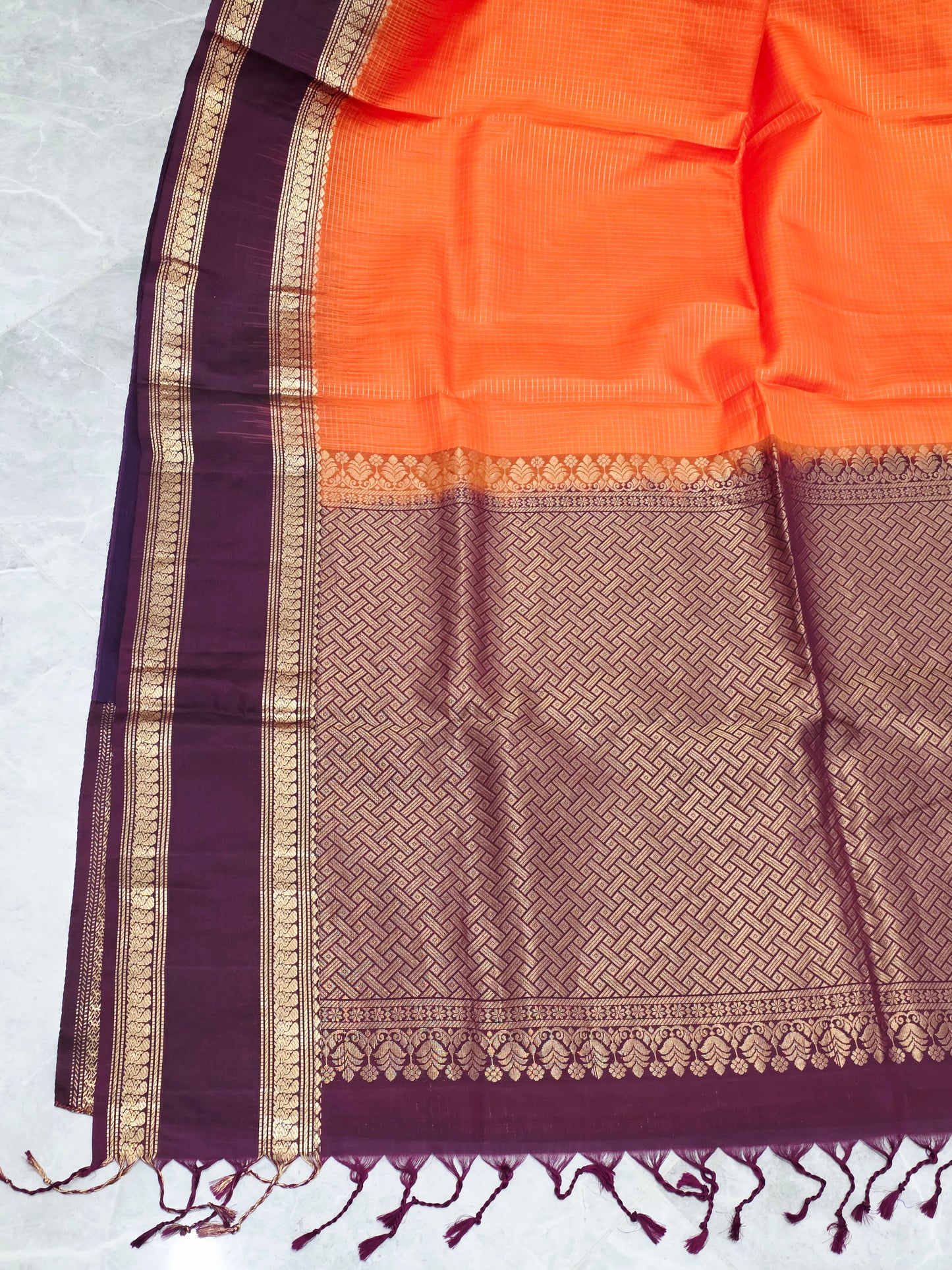 Sunset Orange Pure Kanchi Soft Silk Saree with Wine Plum Gap Border & Blouse Piece