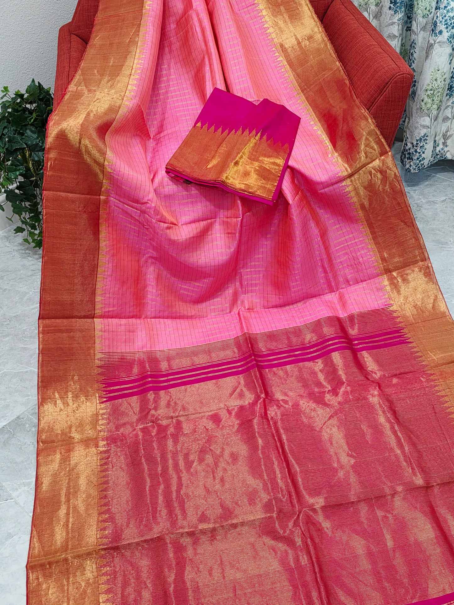 Blush Pink Pure Gadwal Handloom Soft Silk Saree with Tissue Border & Temple Design