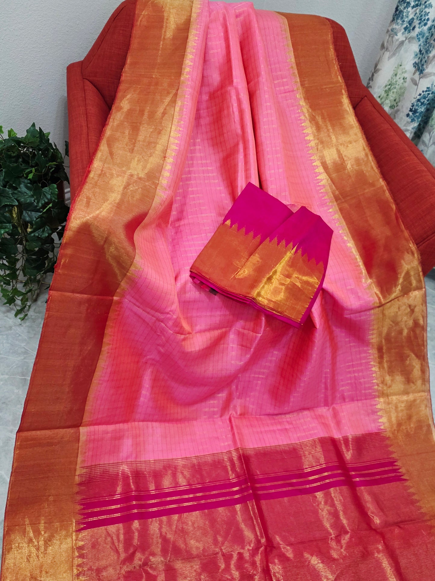 Blush Pink Pure Gadwal Handloom Soft Silk Saree with Tissue Border & Temple Design