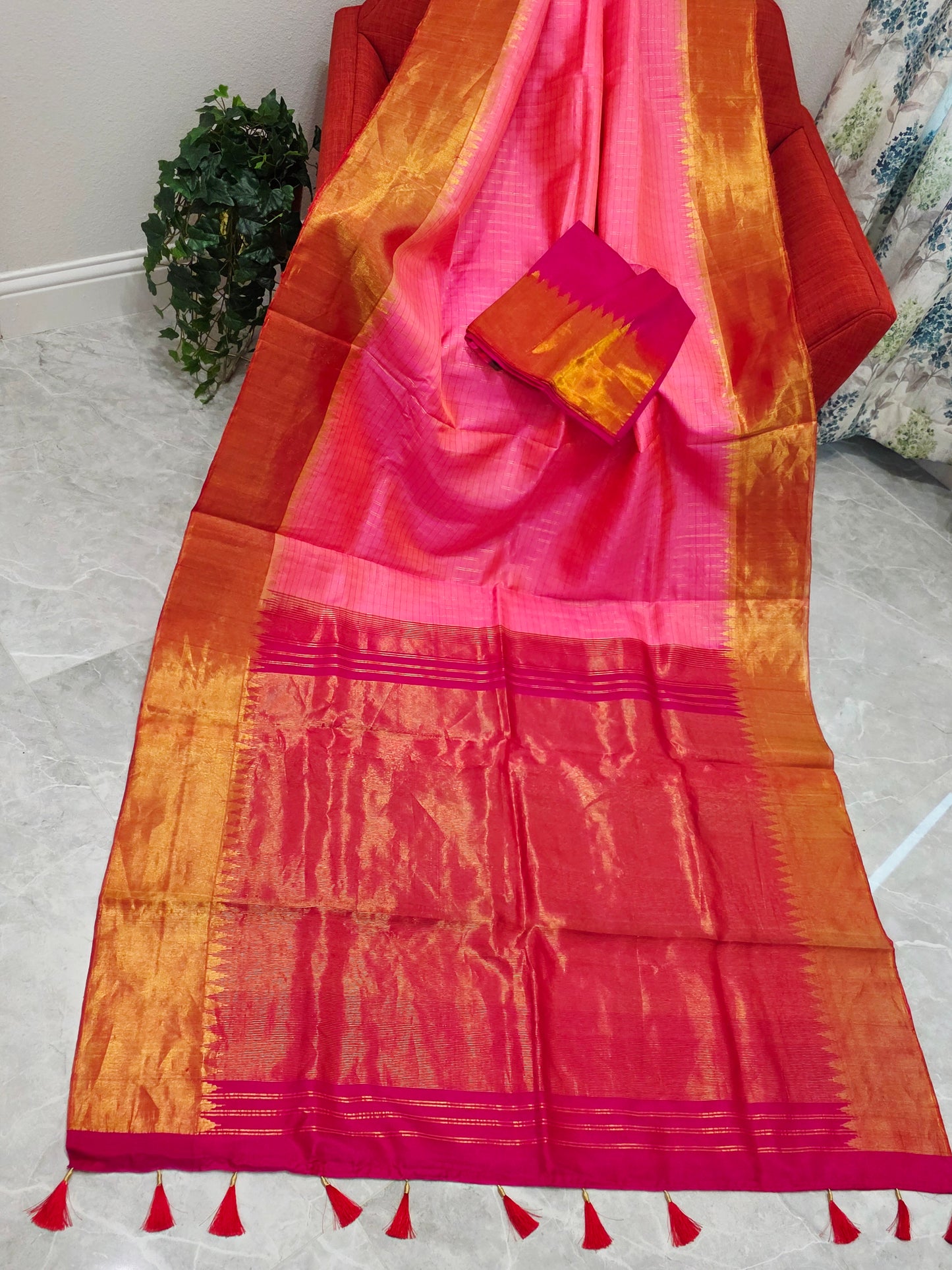 Blush Pink Pure Gadwal Handloom Soft Silk Saree with Tissue Border & Temple Design
