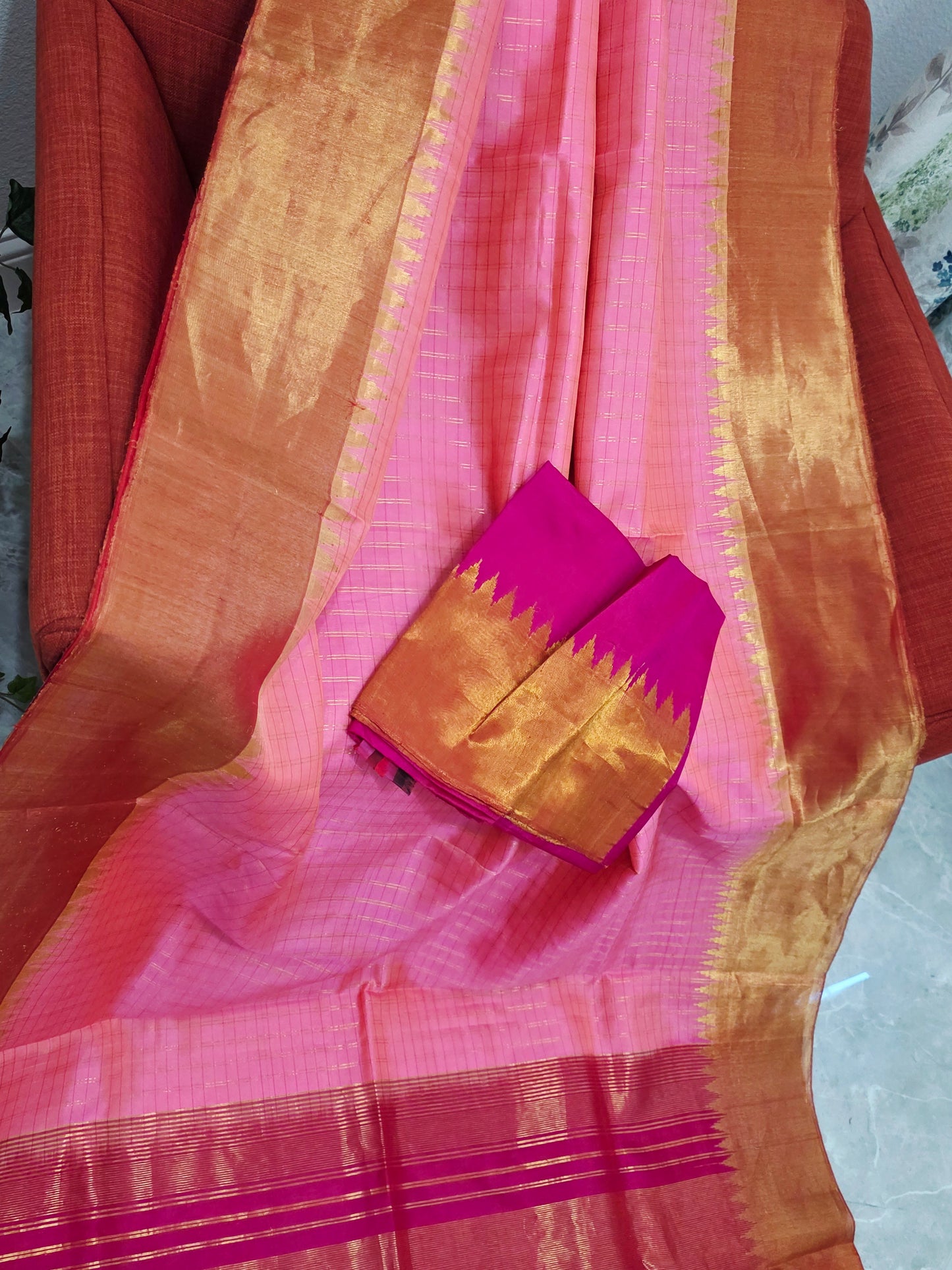 Blush Pink Pure Gadwal Handloom Soft Silk Saree with Tissue Border & Temple Design