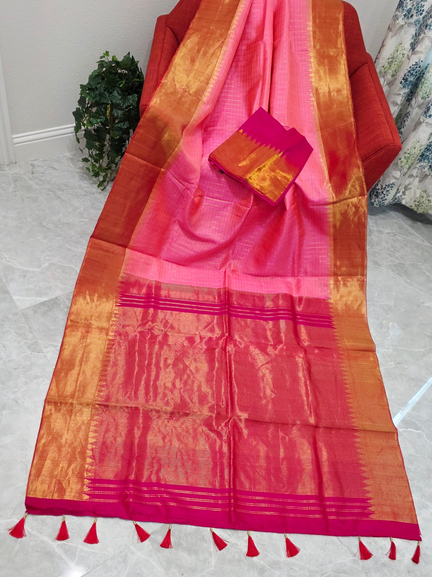 Blush Pink Pure Gadwal Handloom Soft Silk Saree with Tissue Border & Temple Design