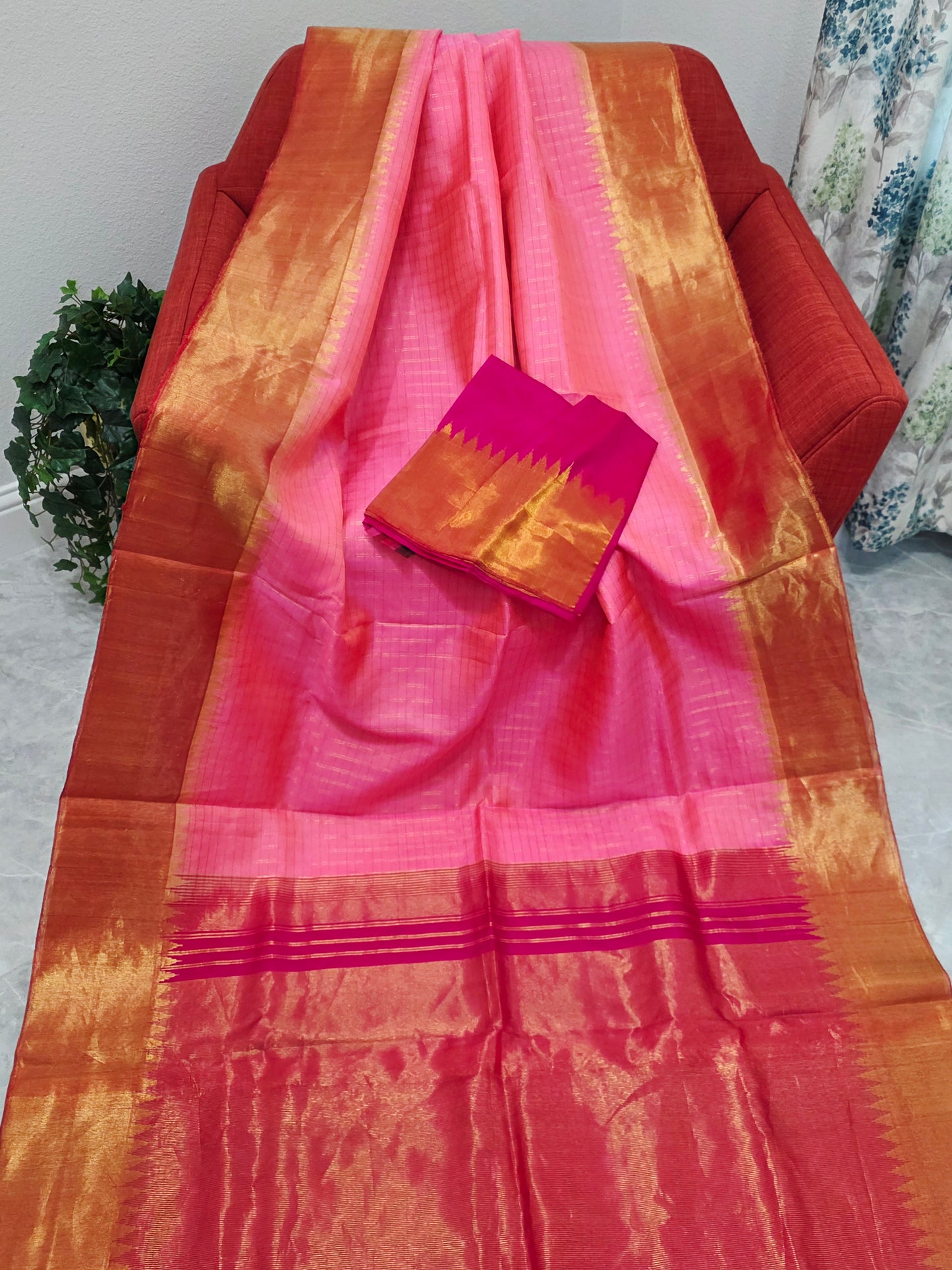 Blush Pink Pure Gadwal Handloom Soft Silk Saree with Tissue Border & Temple Design