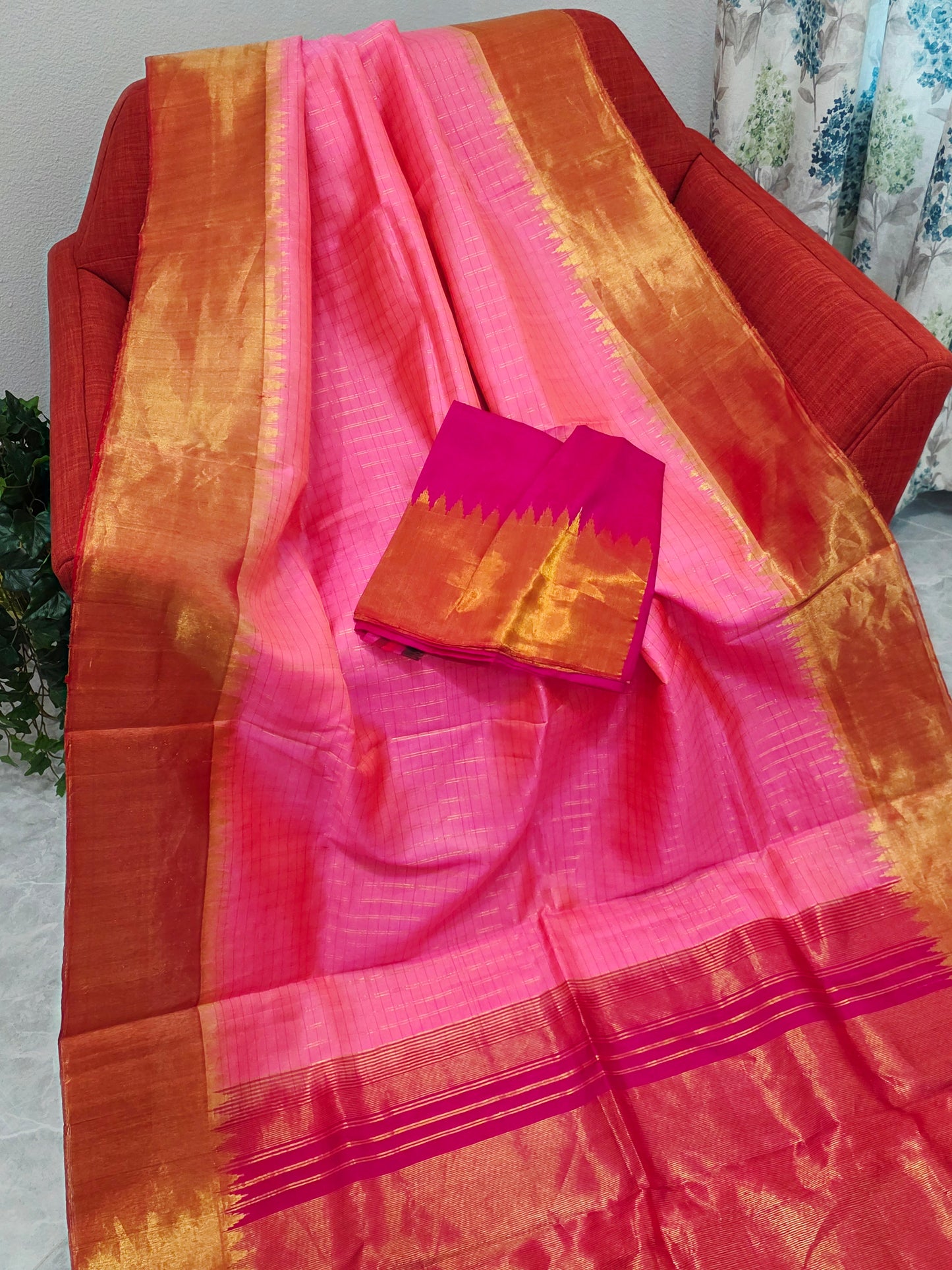 Blush Pink Pure Gadwal Handloom Soft Silk Saree with Tissue Border & Temple Design