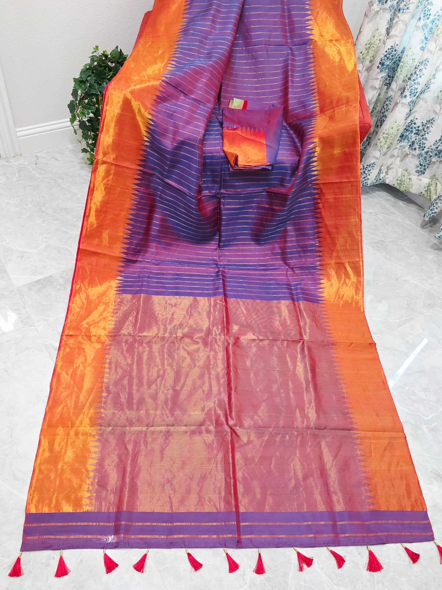 Unique Purple Pure Gadwal Handloom Soft Silk Saree with Tissue Border & Temple Design