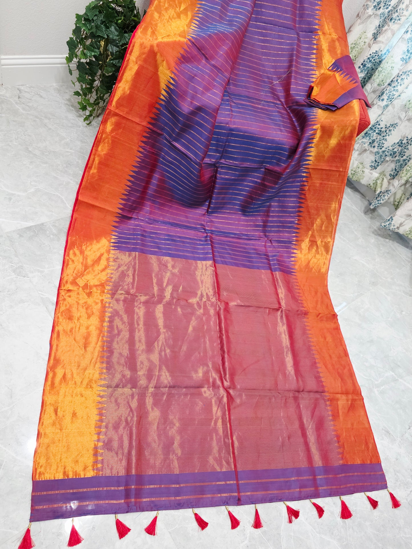 Unique Purple Pure Gadwal Handloom Soft Silk Saree with Tissue Border & Temple Design