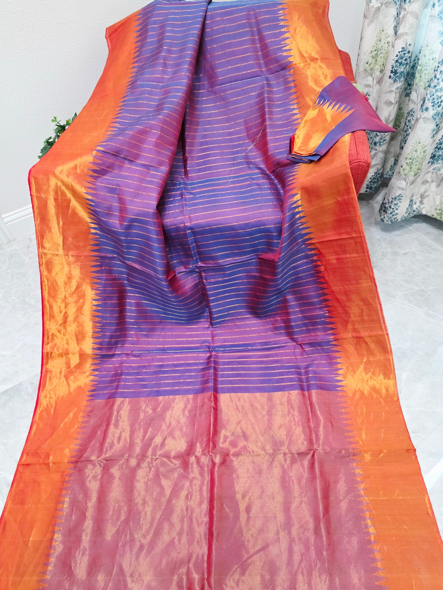 Unique Purple Pure Gadwal Handloom Soft Silk Saree with Tissue Border & Temple Design