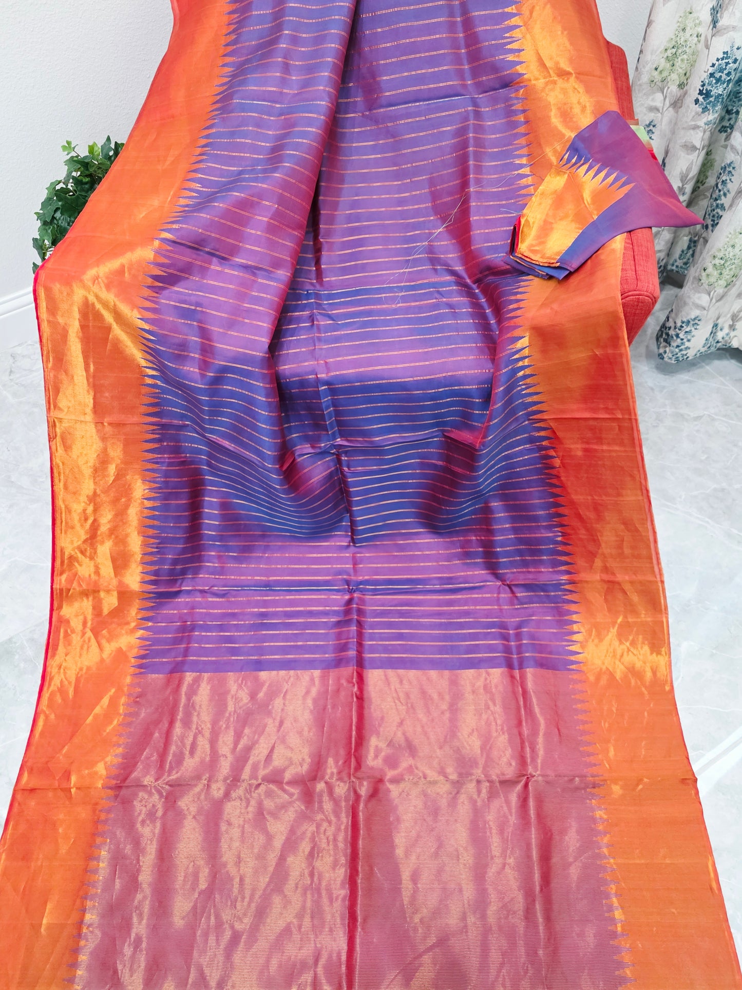 Unique Purple Pure Gadwal Handloom Soft Silk Saree with Tissue Border & Temple Design