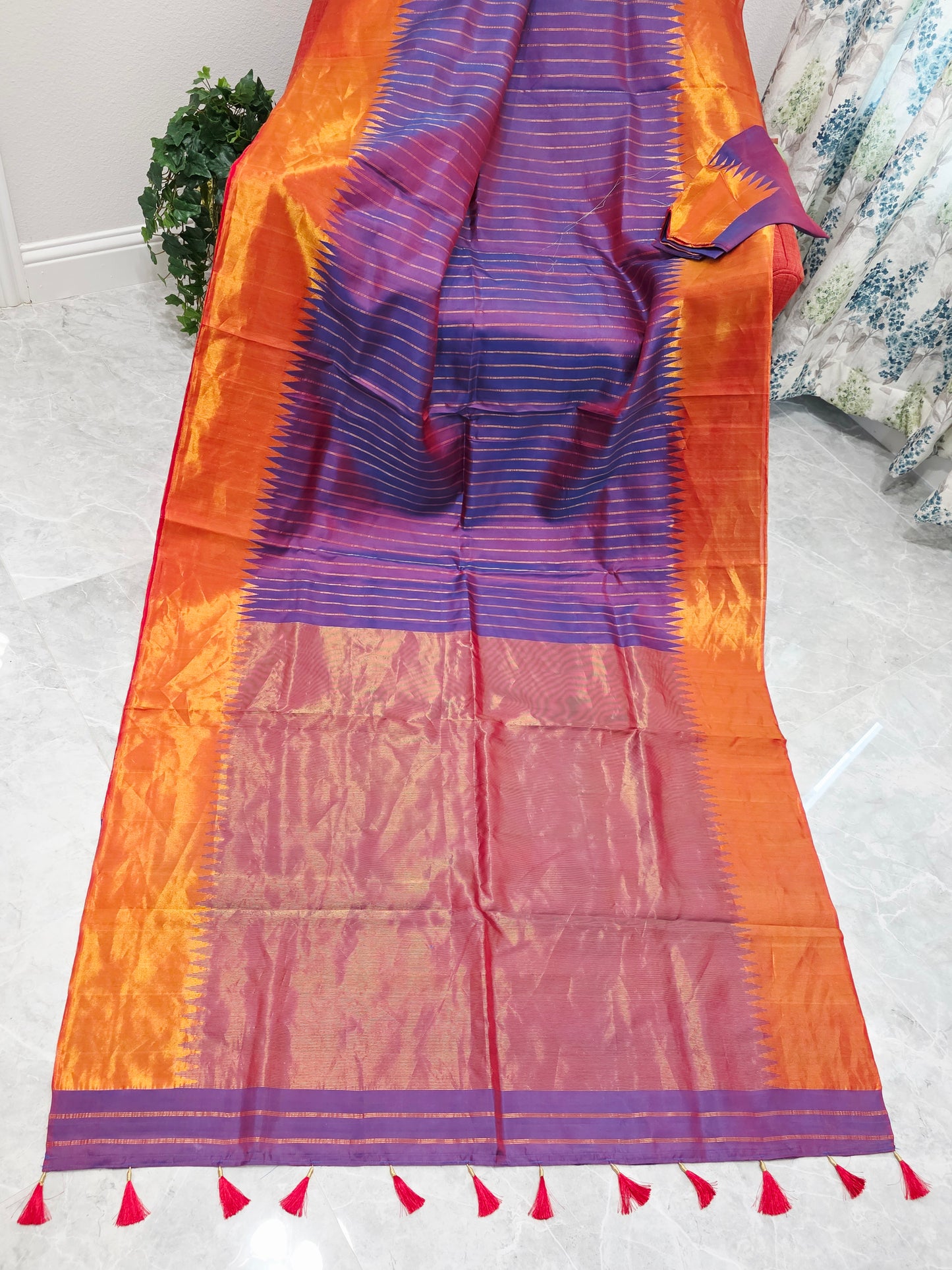 Unique Purple Pure Gadwal Handloom Soft Silk Saree with Tissue Border & Temple Design