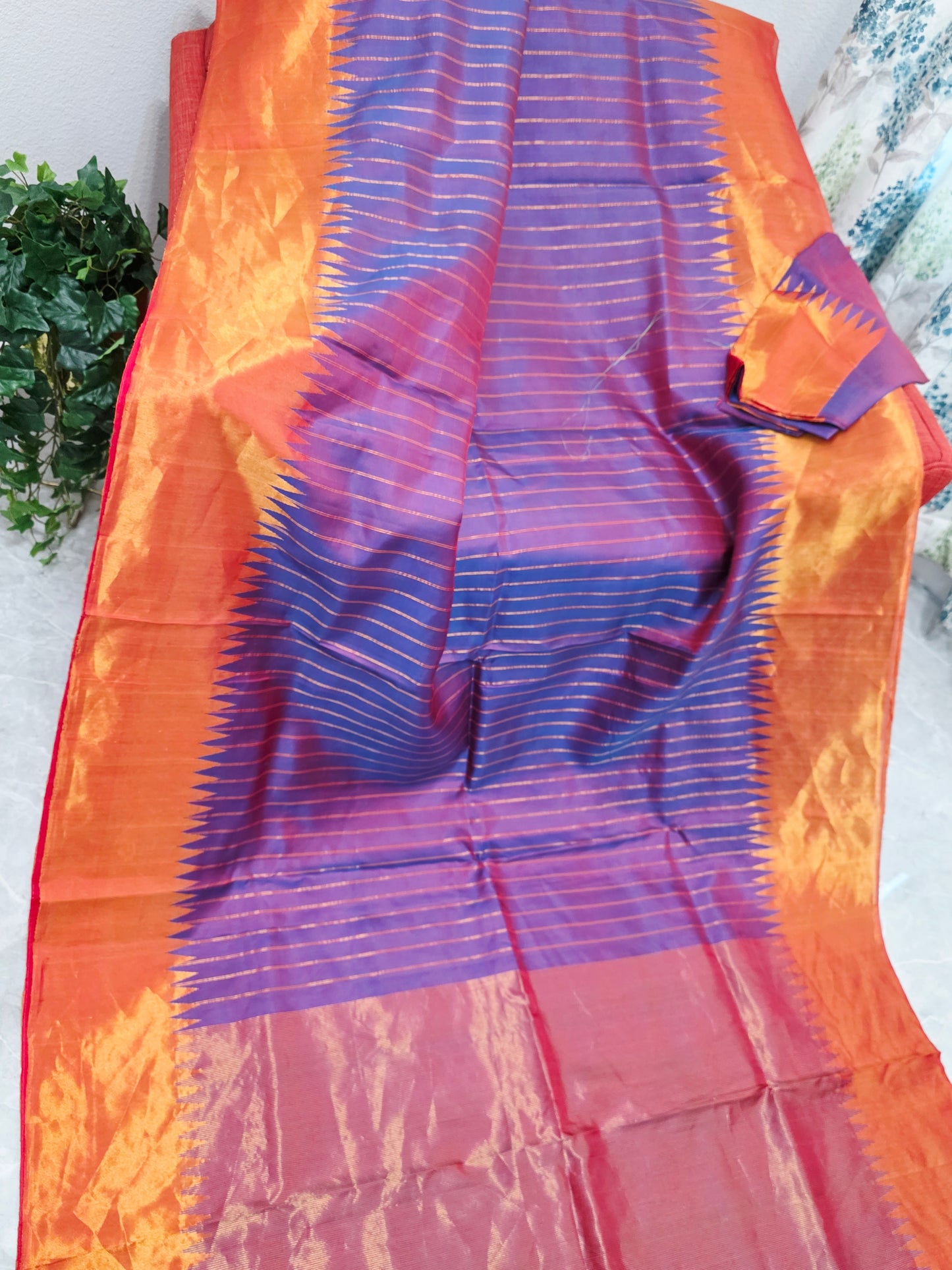 Unique Purple Pure Gadwal Handloom Soft Silk Saree with Tissue Border & Temple Design