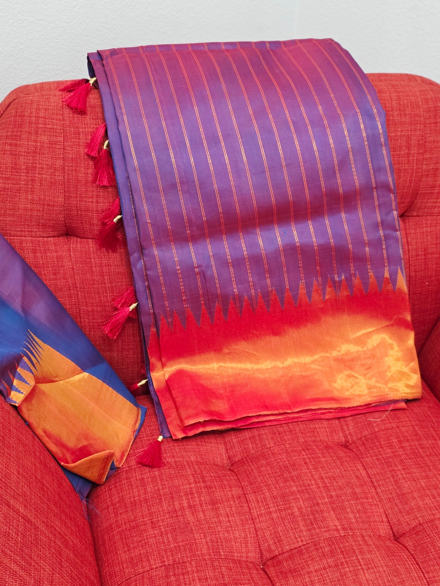 Unique Purple Pure Gadwal Handloom Soft Silk Saree with Tissue Border & Temple Design