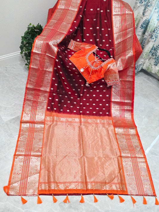 Royal Wine & Sunset Orange Pure Venkatagiri Silk Saree with Maggam Blouse