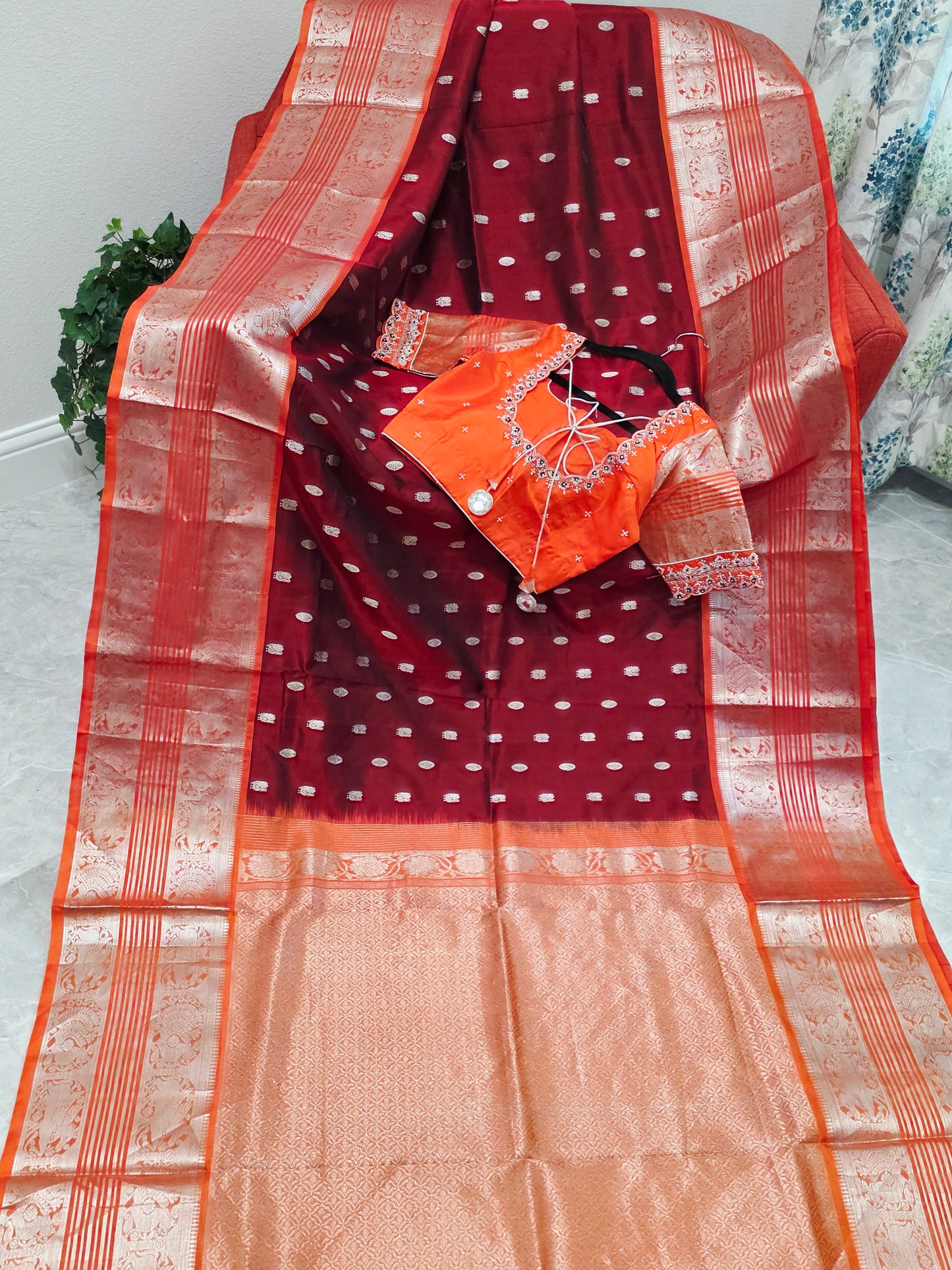 Royal Wine & Sunset Orange Pure Venkatagiri Silk Saree with Maggam Blouse