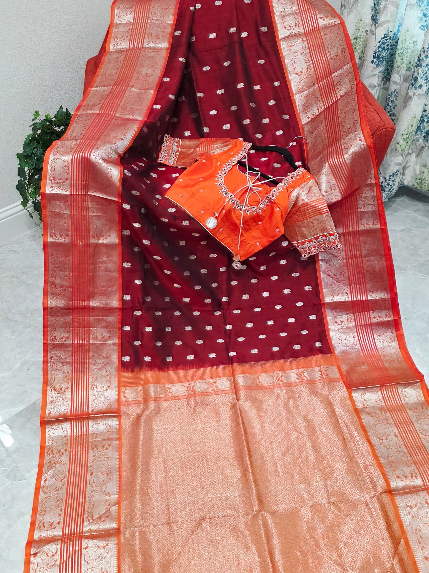 Royal Wine & Sunset Orange Pure Venkatagiri Silk Saree with Maggam Blouse