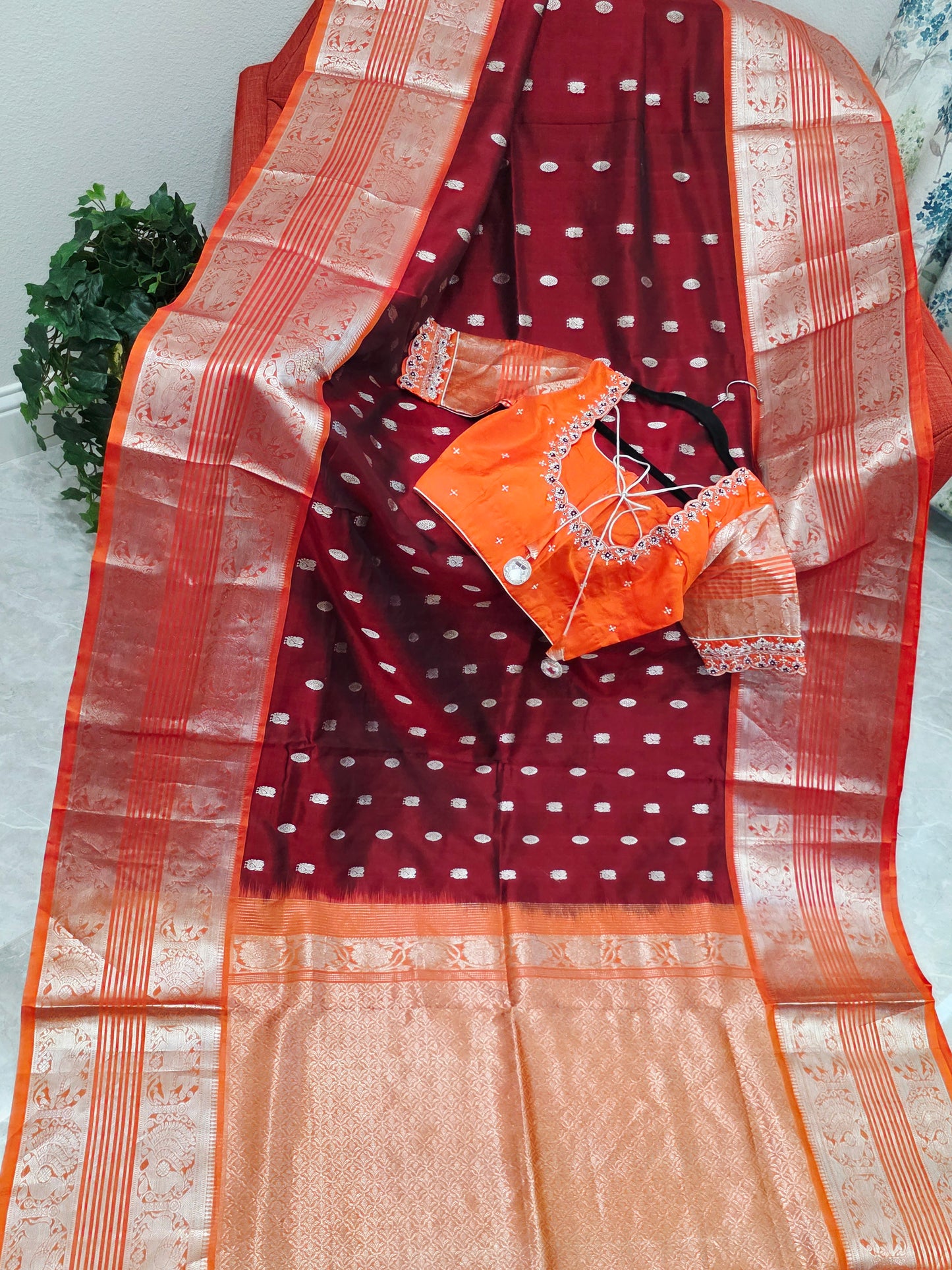 Royal Wine & Sunset Orange Pure Venkatagiri Silk Saree with Maggam Blouse