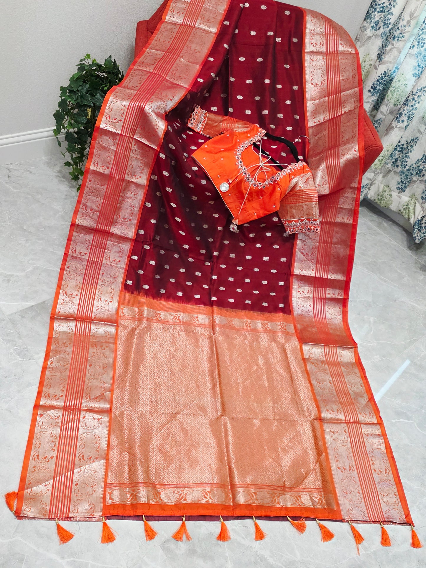 Royal Wine & Sunset Orange Pure Venkatagiri Silk Saree with Maggam Blouse