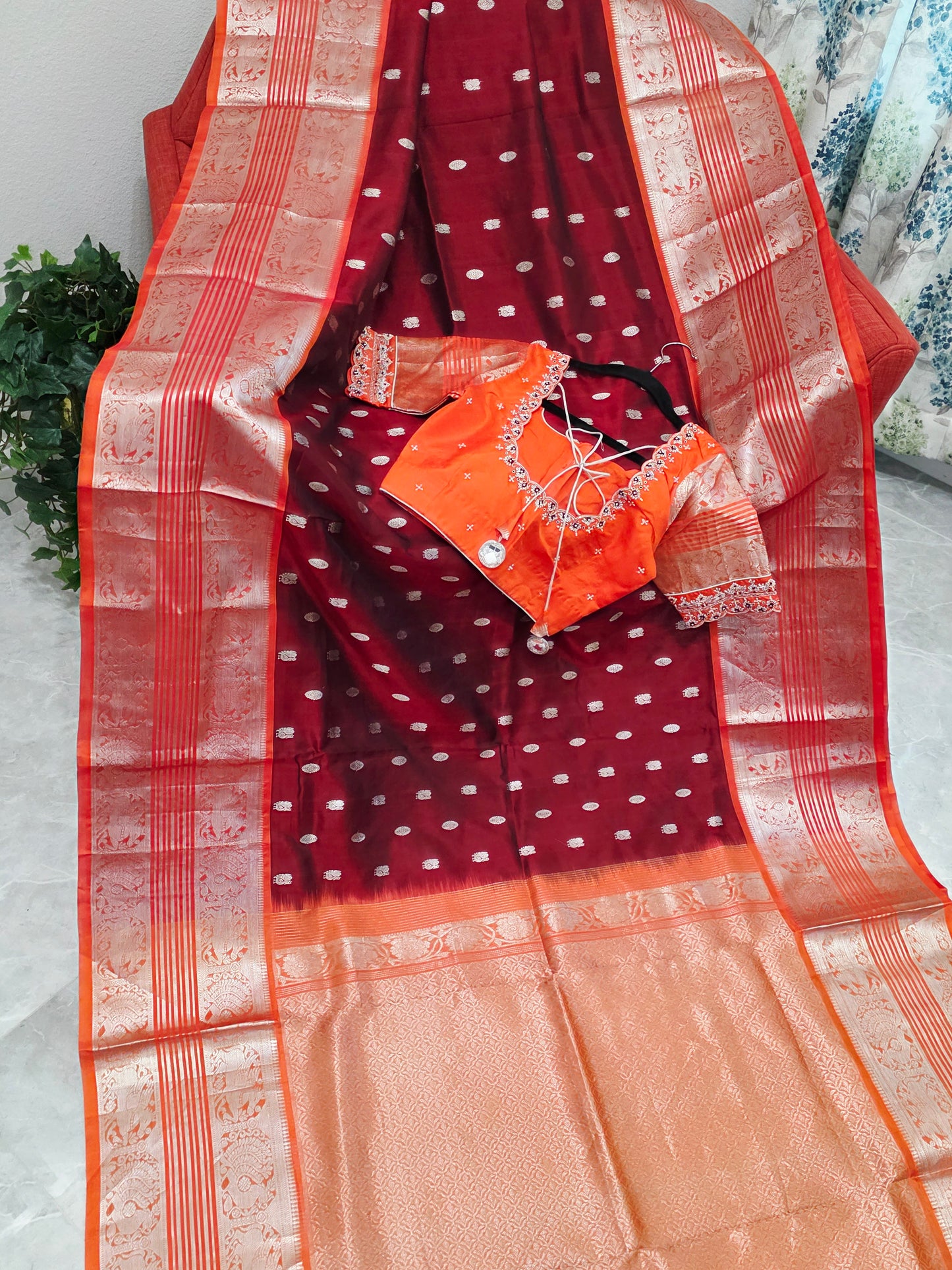 Royal Wine & Sunset Orange Pure Venkatagiri Silk Saree with Maggam Blouse