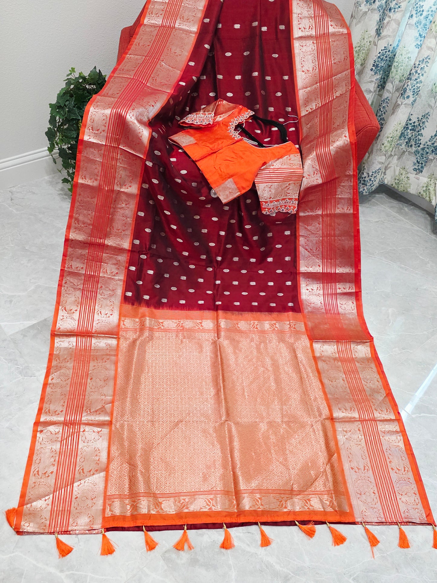 Royal Wine & Sunset Orange Pure Venkatagiri Silk Saree with Maggam Blouse