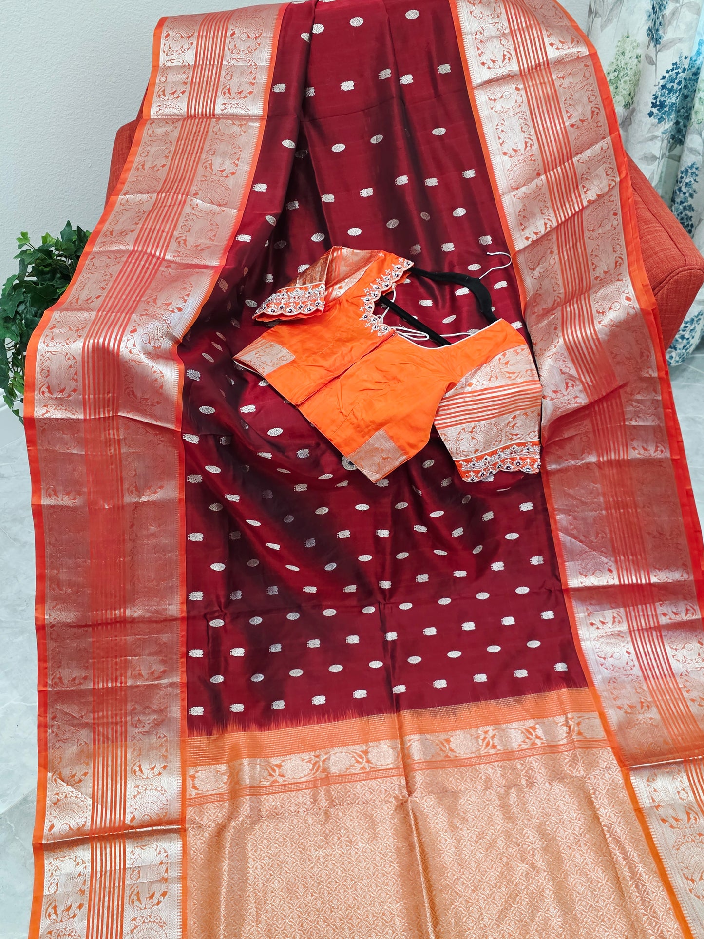 Royal Wine & Sunset Orange Pure Venkatagiri Silk Saree with Maggam Blouse