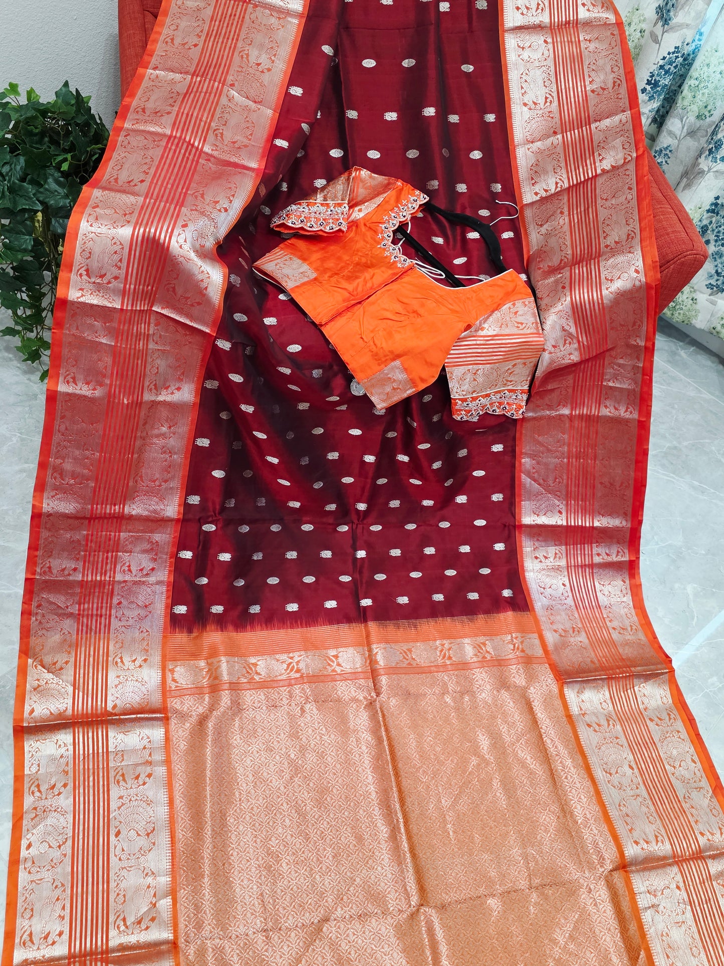 Royal Wine & Sunset Orange Pure Venkatagiri Silk Saree with Maggam Blouse