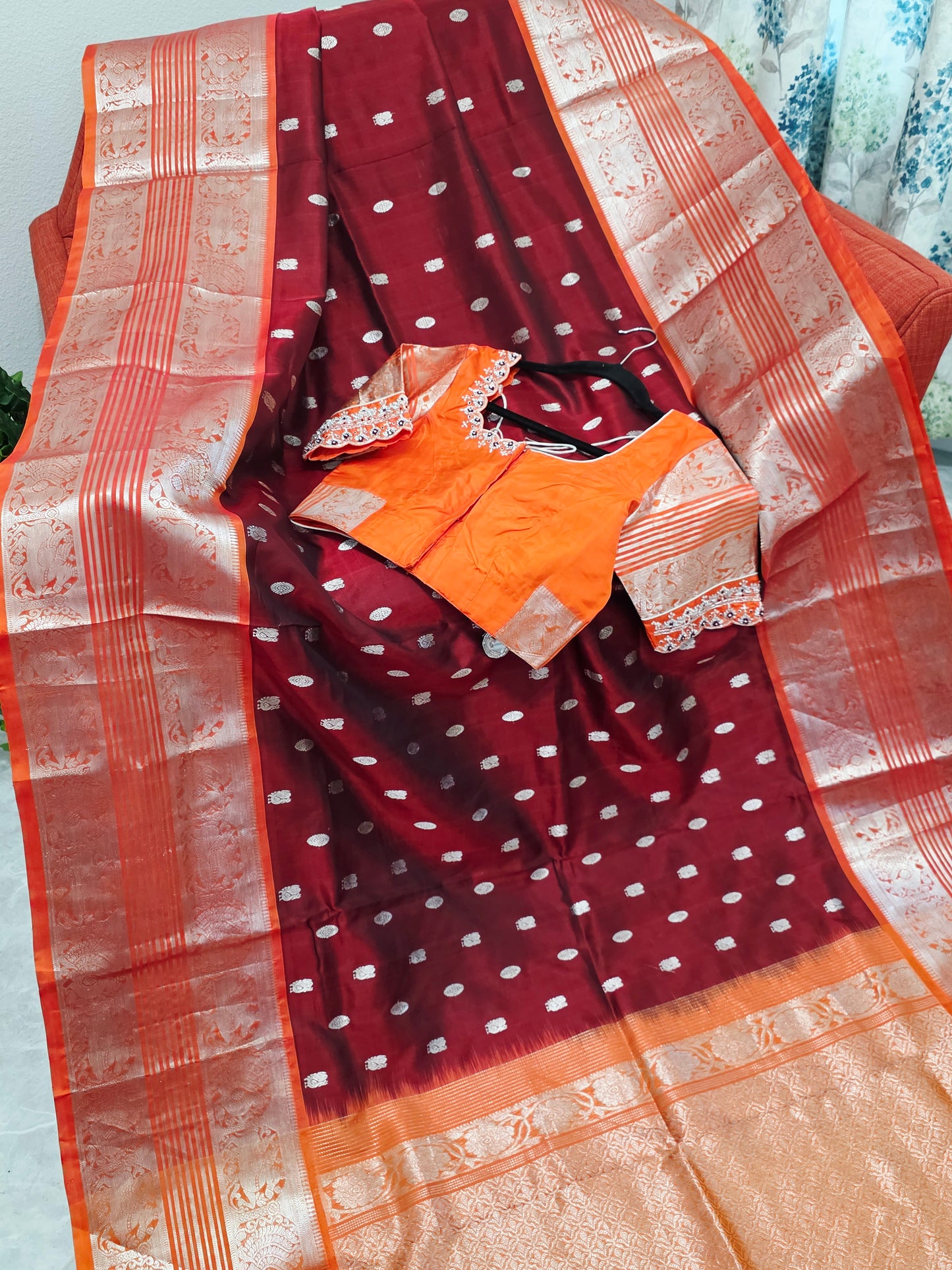 Royal Wine & Sunset Orange Pure Venkatagiri Silk Saree with Maggam Blouse