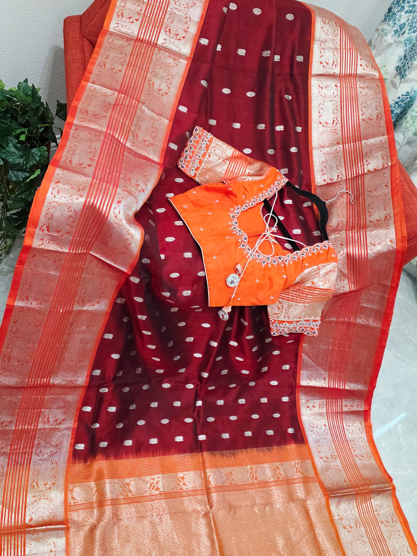 Royal Wine & Sunset Orange Pure Venkatagiri Silk Saree with Maggam Blouse