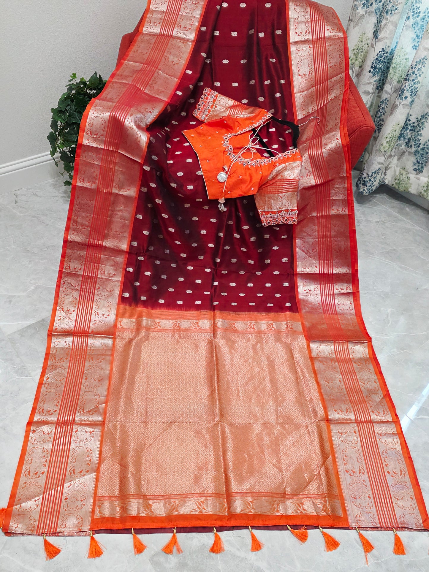 Royal Wine & Sunset Orange Pure Venkatagiri Silk Saree with Maggam Blouse