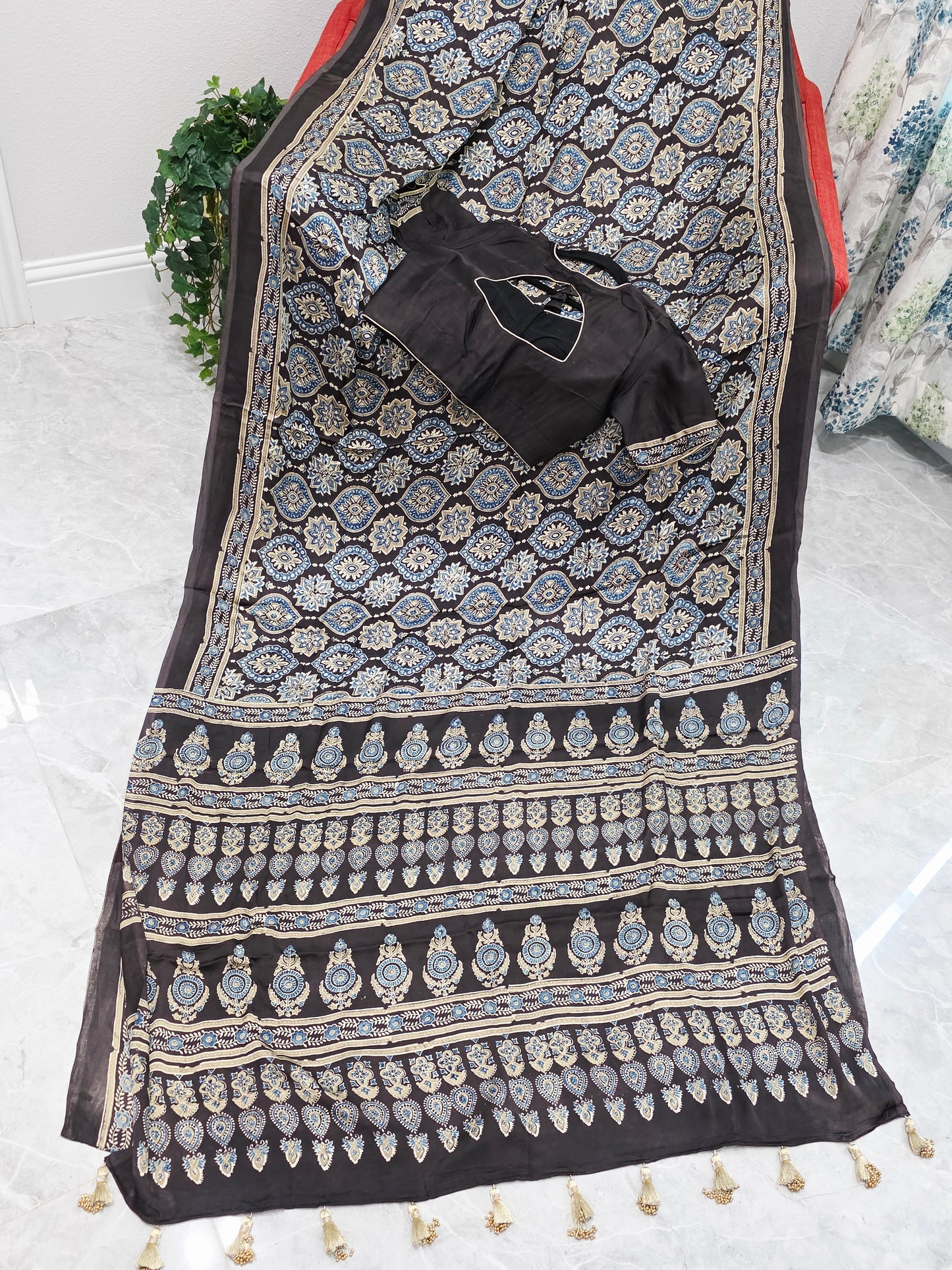 Midnight Mocha Ajrakh Hand Block Print Pure Modal Silk Saree with Stitched Blouse