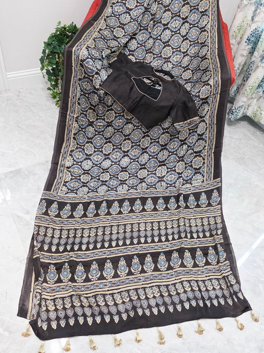 Midnight Mocha Ajrakh Hand Block Print Pure Modal Silk Saree with Stitched Blouse