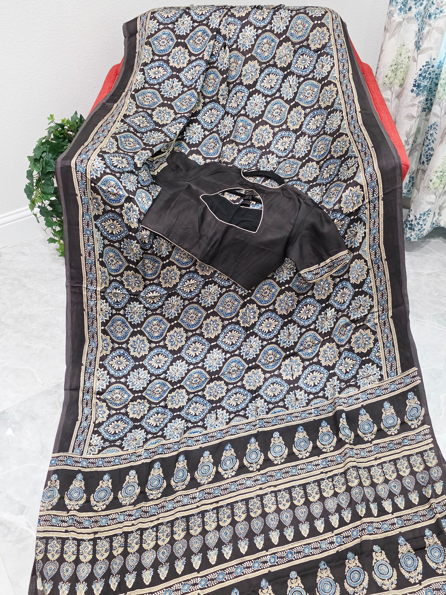Midnight Mocha Ajrakh Hand Block Print Pure Modal Silk Saree with Stitched Blouse