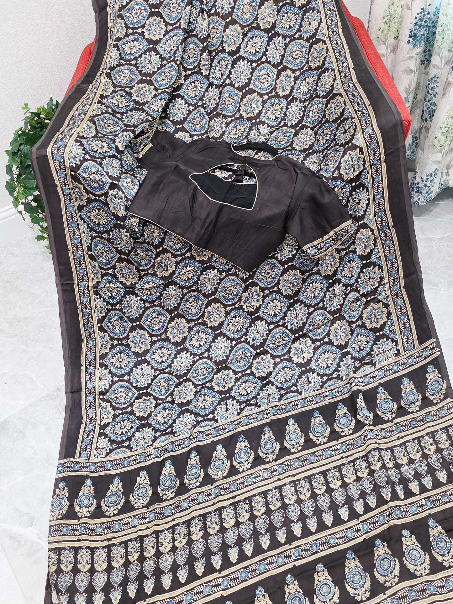 Midnight Mocha Ajrakh Hand Block Print Pure Modal Silk Saree with Stitched Blouse
