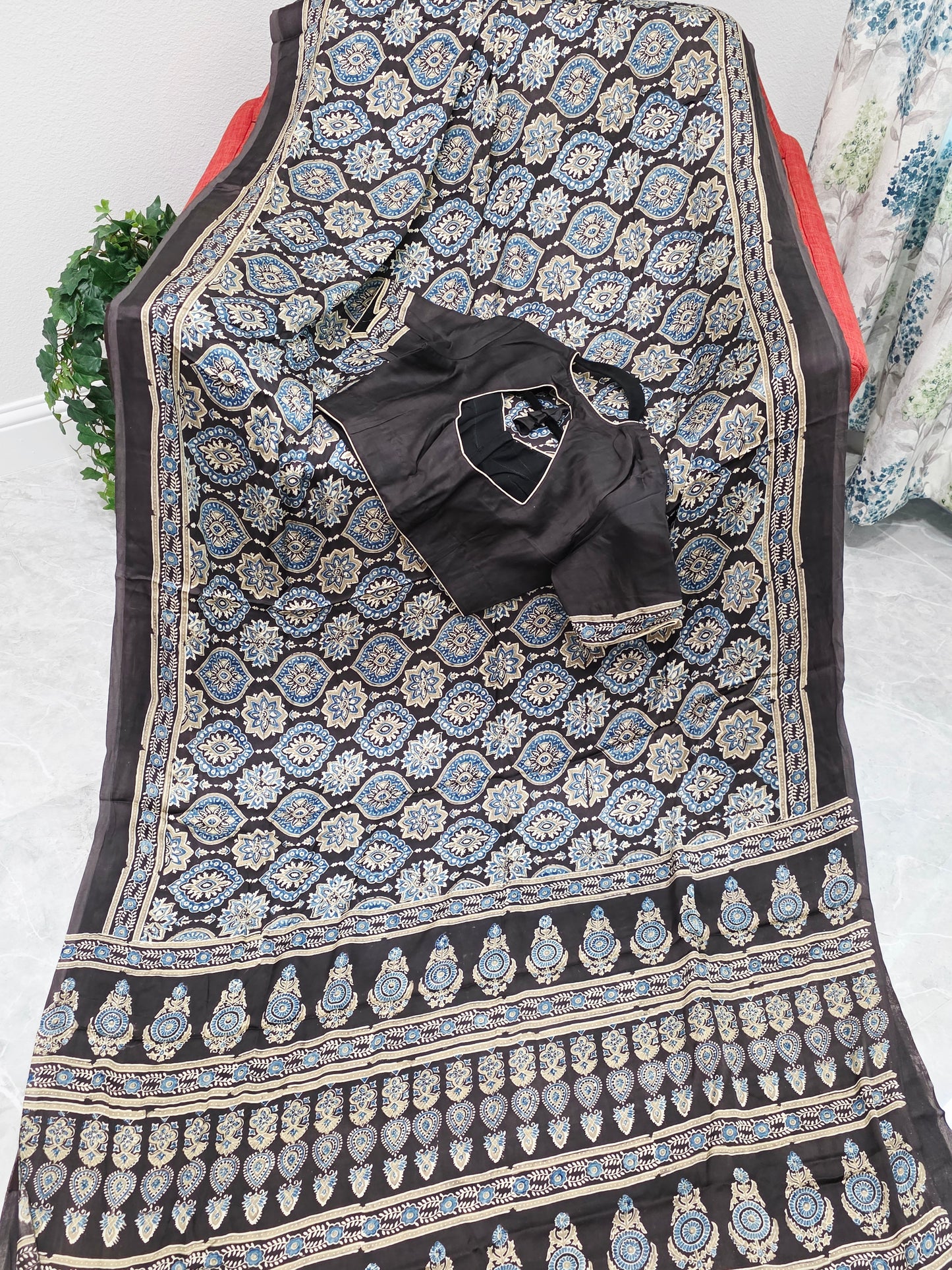 Midnight Mocha Ajrakh Hand Block Print Pure Modal Silk Saree with Stitched Blouse