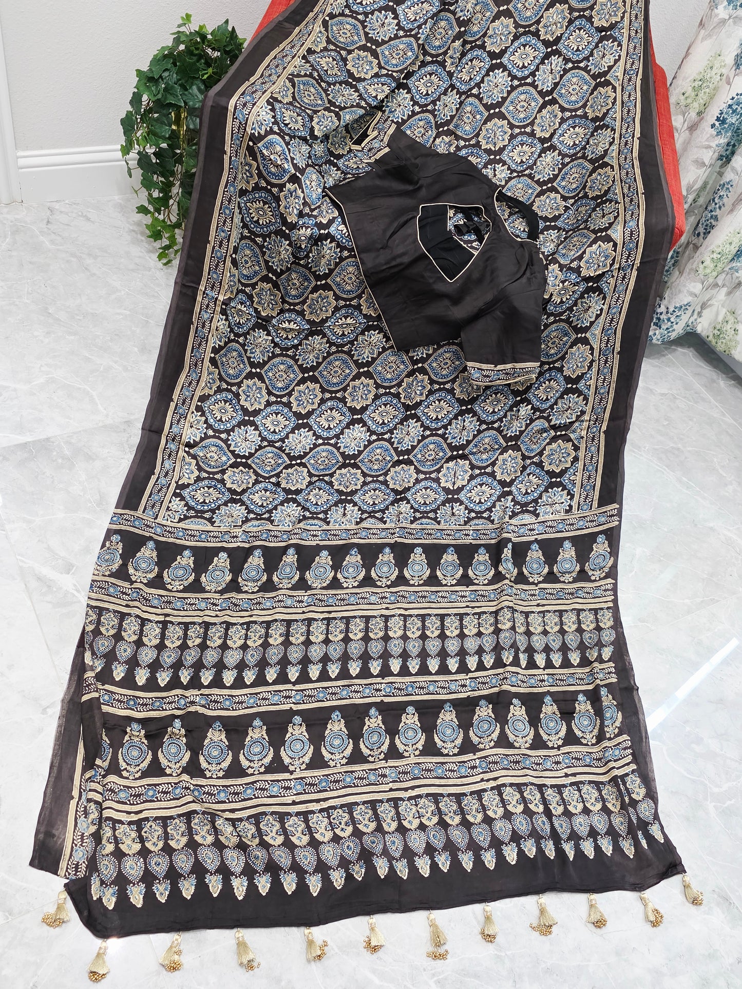 Midnight Mocha Ajrakh Hand Block Print Pure Modal Silk Saree with Stitched Blouse