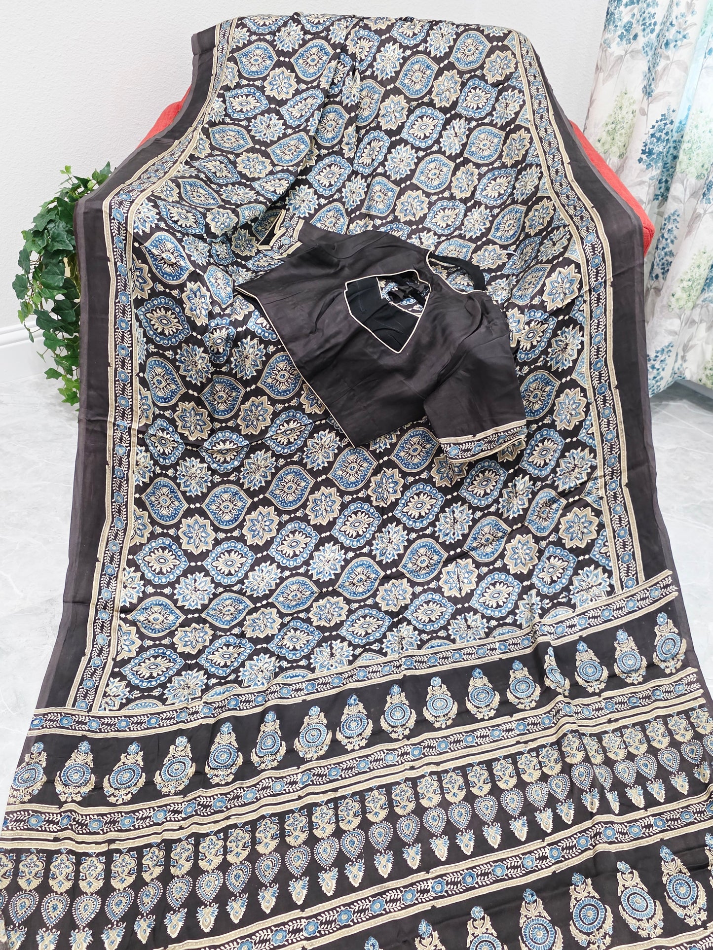 Midnight Mocha Ajrakh Hand Block Print Pure Modal Silk Saree with Stitched Blouse