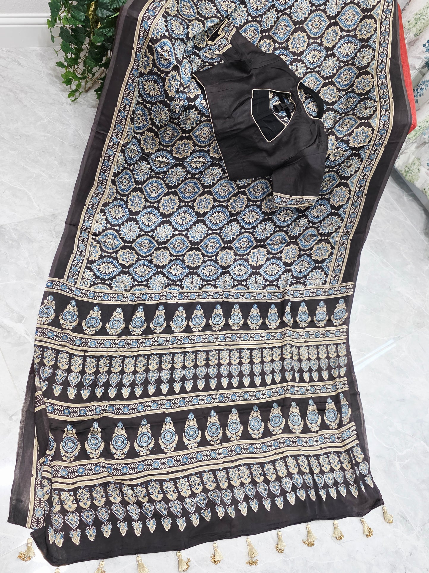 Midnight Mocha Ajrakh Hand Block Print Pure Modal Silk Saree with Stitched Blouse
