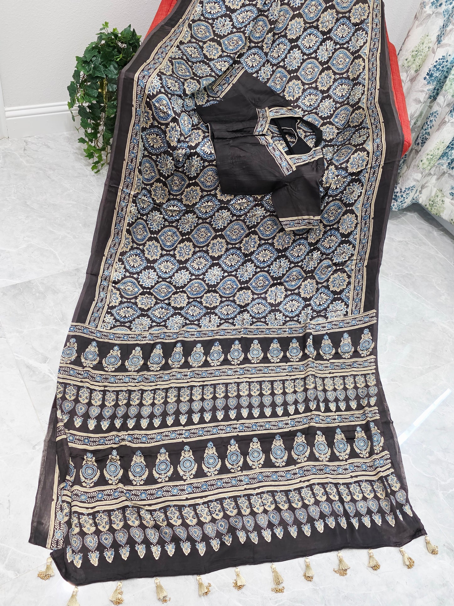 Midnight Mocha Ajrakh Hand Block Print Pure Modal Silk Saree with Stitched Blouse