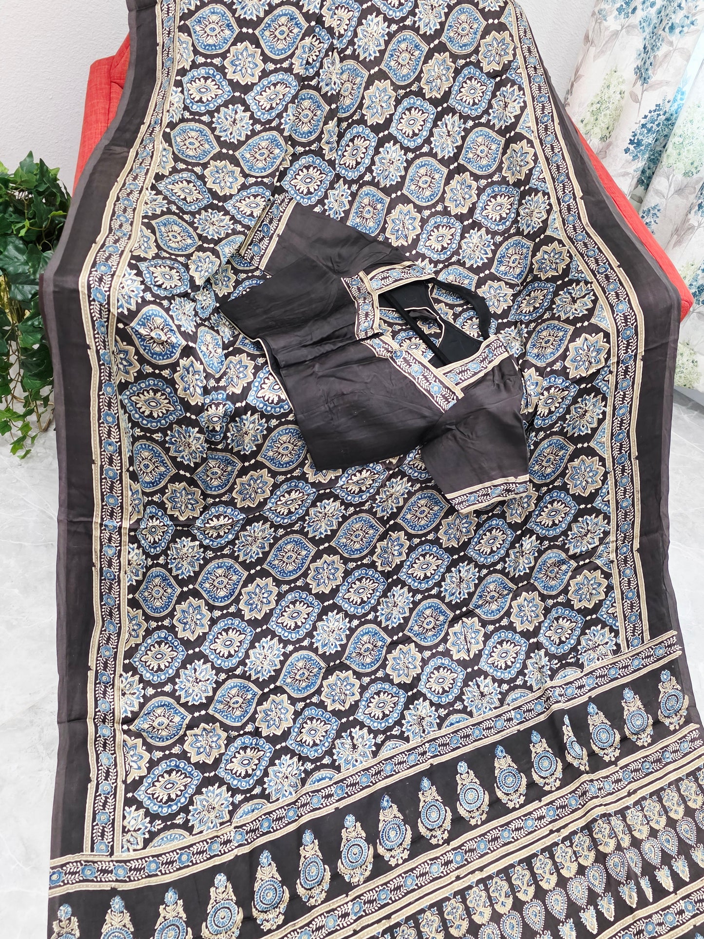 Midnight Mocha Ajrakh Hand Block Print Pure Modal Silk Saree with Stitched Blouse
