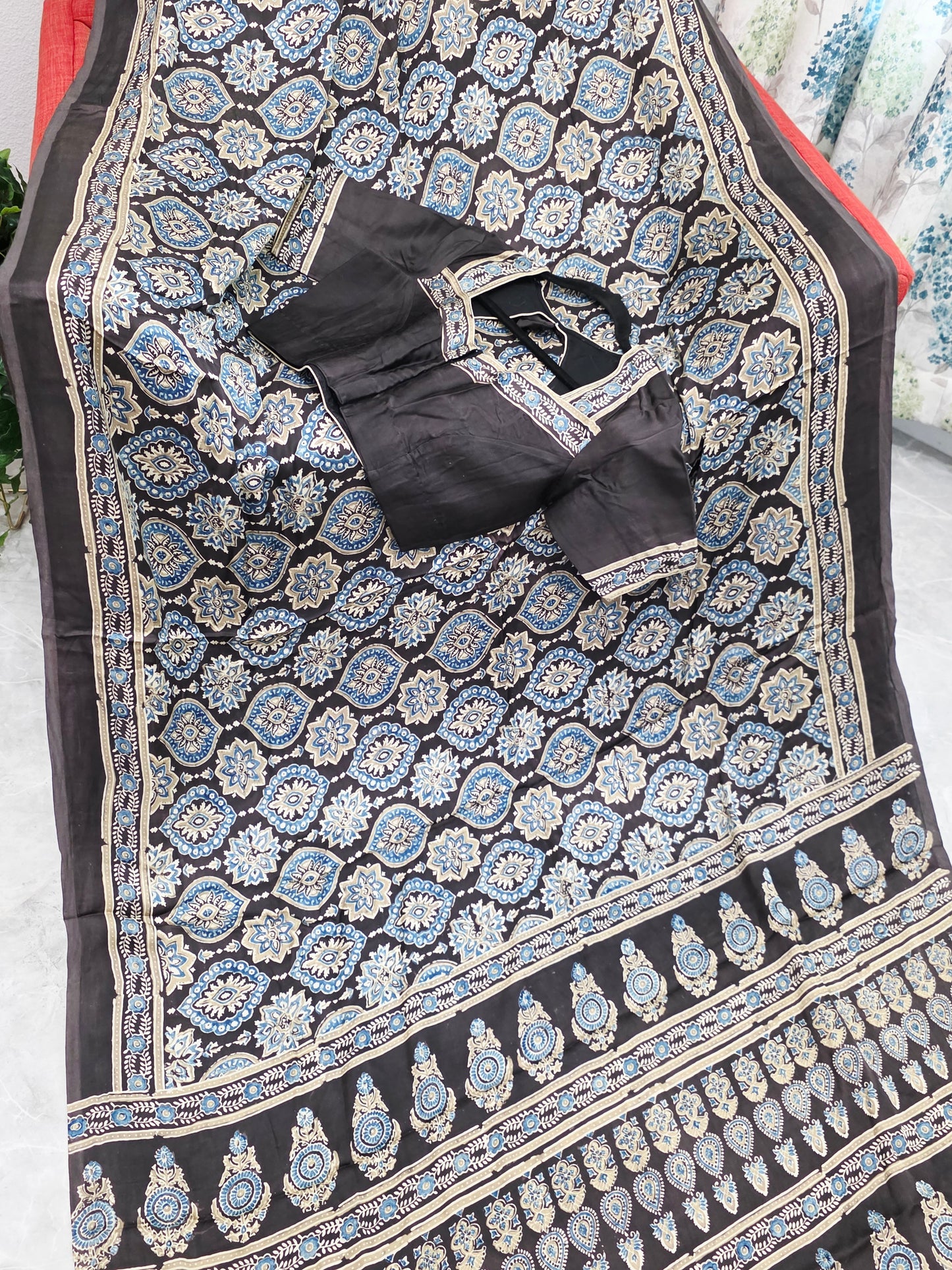 Midnight Mocha Ajrakh Hand Block Print Pure Modal Silk Saree with Stitched Blouse