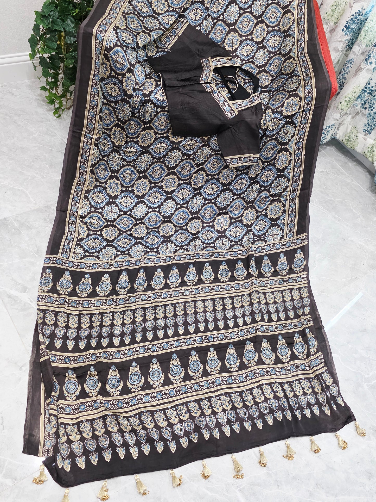 Midnight Mocha Ajrakh Hand Block Print Pure Modal Silk Saree with Stitched Blouse